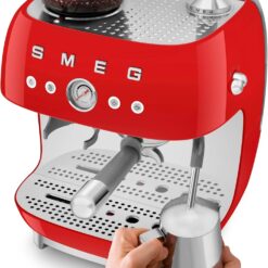 Smeg EGF03 Semi-Automatic Espresso Machine with Built-In Grinder, Dual Thermoblock, 50’s Retro Style – Red (120 V)