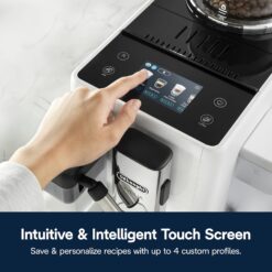 De'Longhi Rivelia Automatic Espresso Machine with Grinder & Milk Frother – All-in-One Coffee Maker, Hot & Iced Latte, Cappuccino, Bean Switch System, Burr Grinder, Compact Italian Design, White