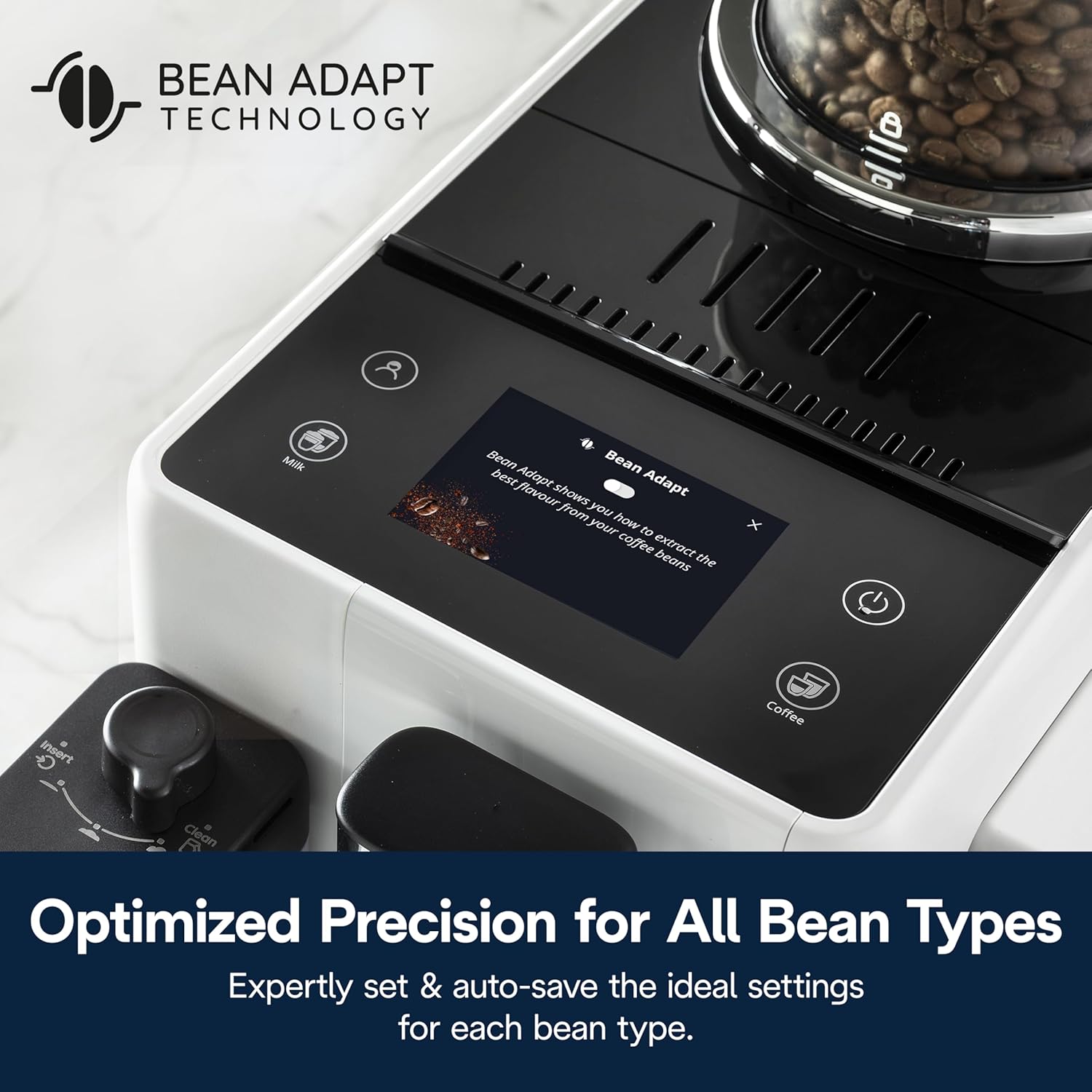 De'Longhi Rivelia Automatic Espresso Machine with Grinder & Milk Frother – All-in-One Coffee Maker, Hot & Iced Latte, Cappuccino, Bean Switch System, Burr Grinder, Compact Italian Design, White