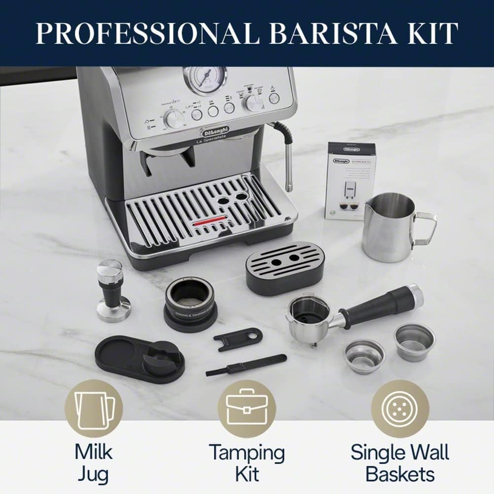 De'Longhi La Specialista Espresso Machine with Grinder, Milk Frother, 1450W, Barista Kit - Stainless Steel, Black