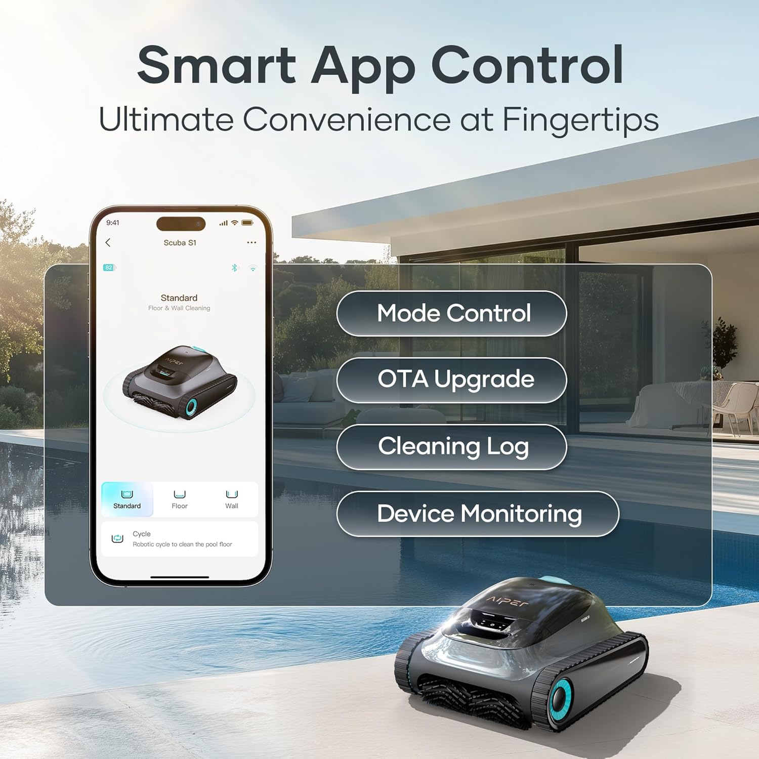 Aiper Scuba S1 Robotic Pool Cleaner, Wall & Waterline Cleaning, Double Filtration, Extended 180-Min Battery Life, Smart Navigation, App Support, OTA Upgrade