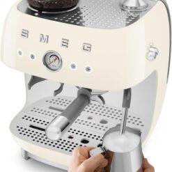 Smeg EGF03 Semi-Automatic Espresso Machine with Built-In Grinder, Dual Thermoblock, 50’s Retro Style – Cream (120 V)
