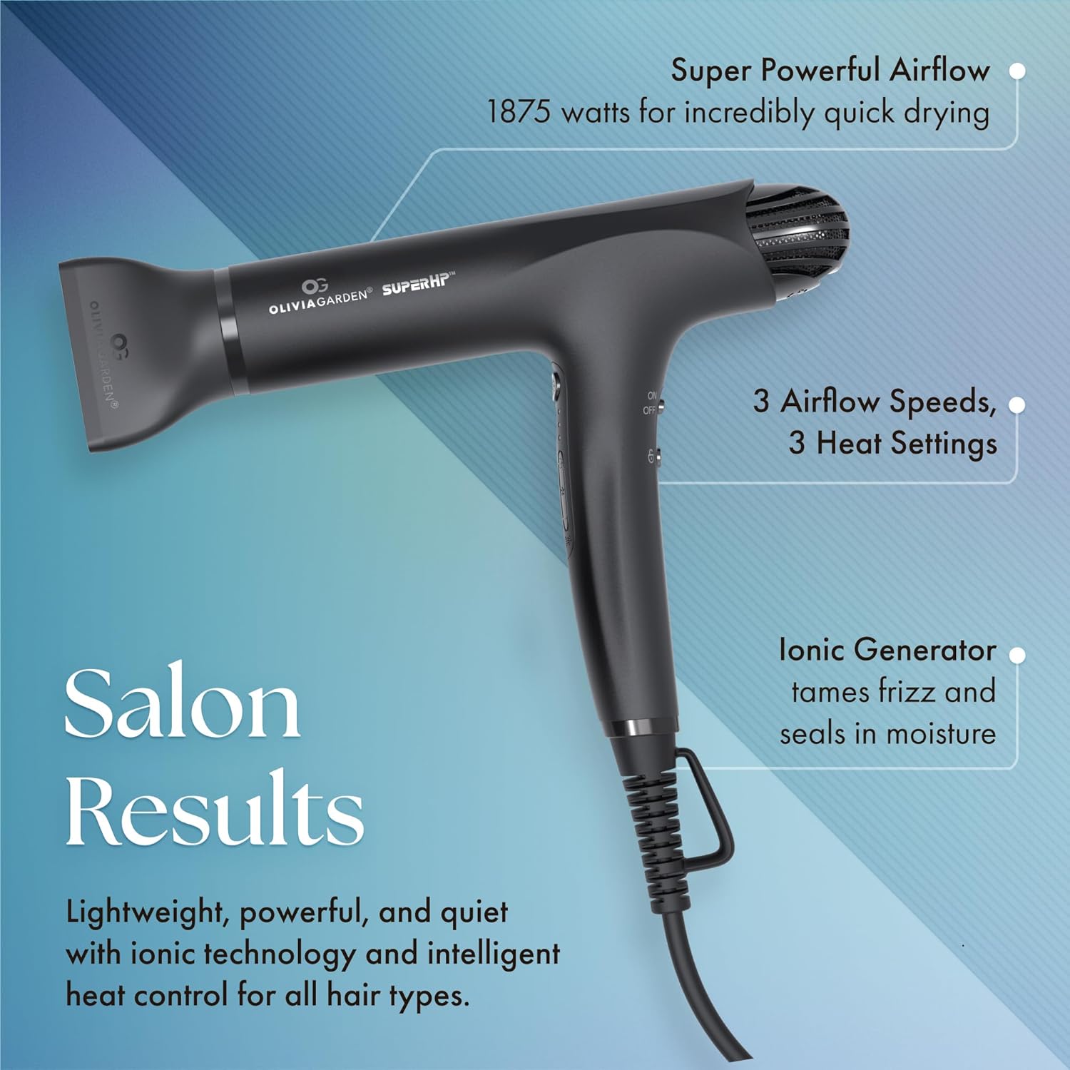 Olivia Garden 1875W SuperHP Professional Hair Dryer for All Hair Types - Quiet, Fast Drying Blow Dryer, Black
