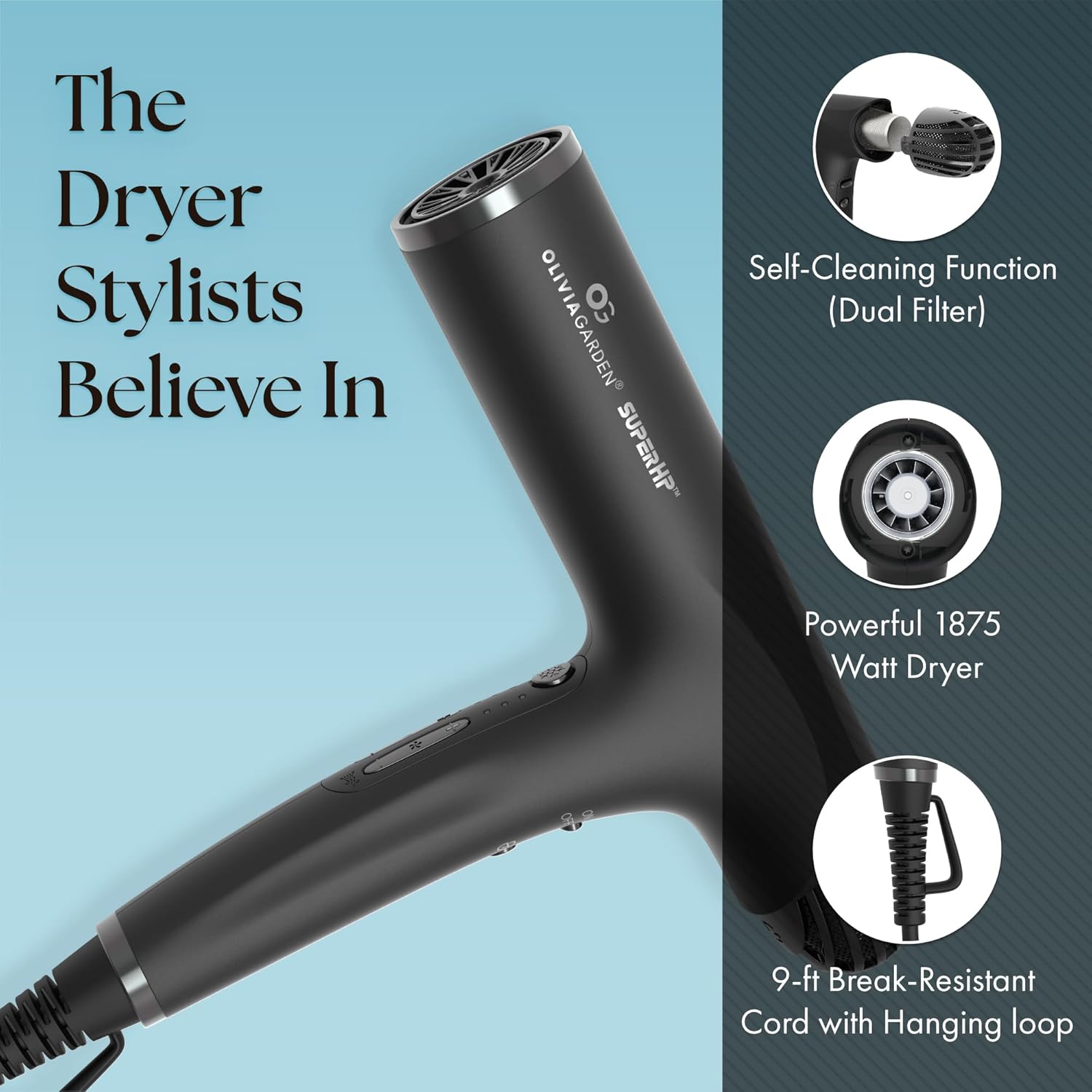 Olivia Garden 1875W SuperHP Professional Hair Dryer for All Hair Types - Quiet, Fast Drying Blow Dryer, Black