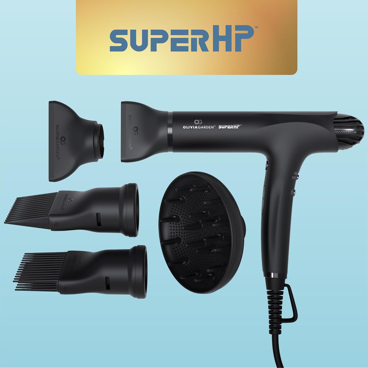 Olivia Garden 1875W SuperHP Professional Hair Dryer for All Hair Types - Quiet, Fast Drying Blow Dryer, Black
