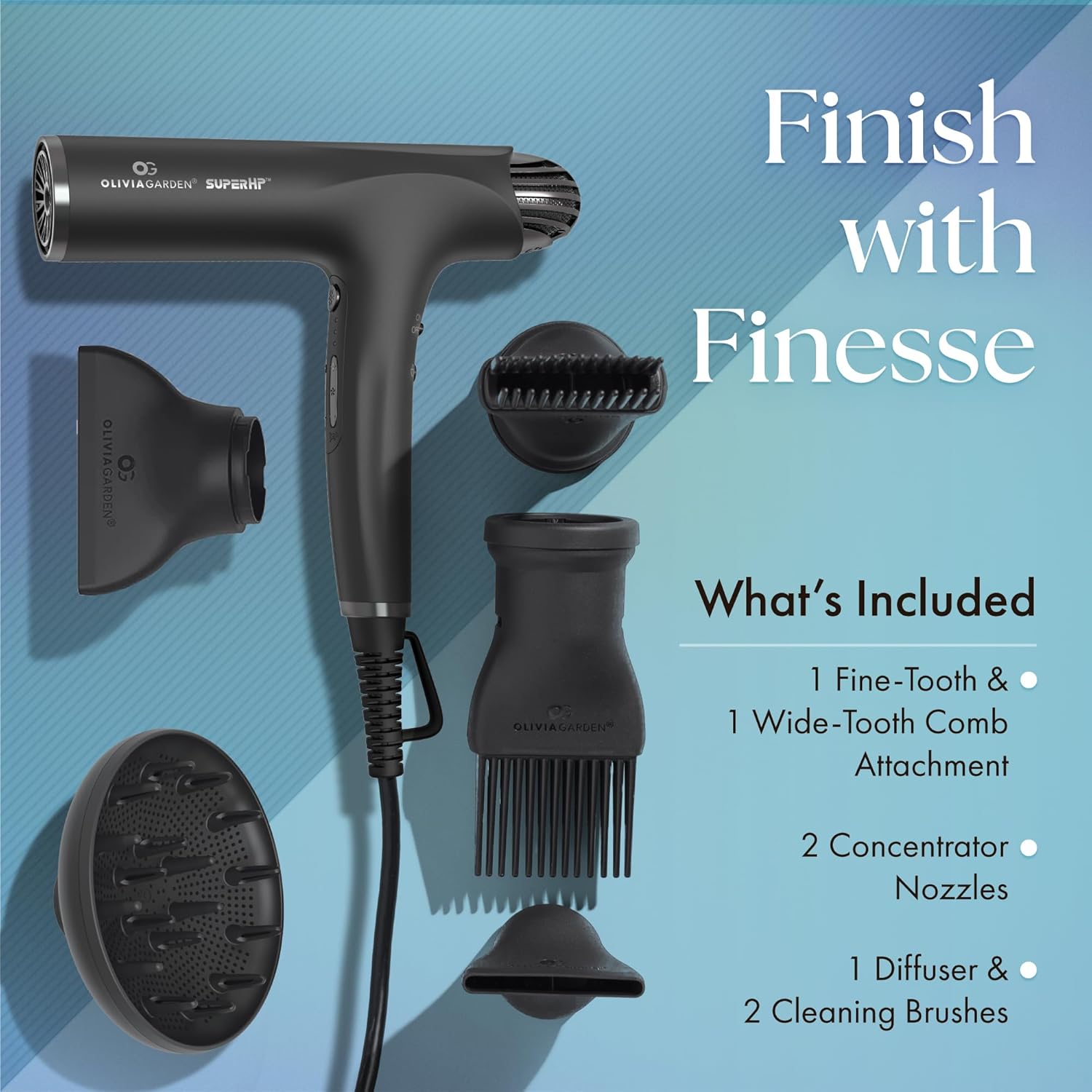 Olivia Garden 1875W SuperHP Professional Hair Dryer for All Hair Types - Quiet, Fast Drying Blow Dryer, Black