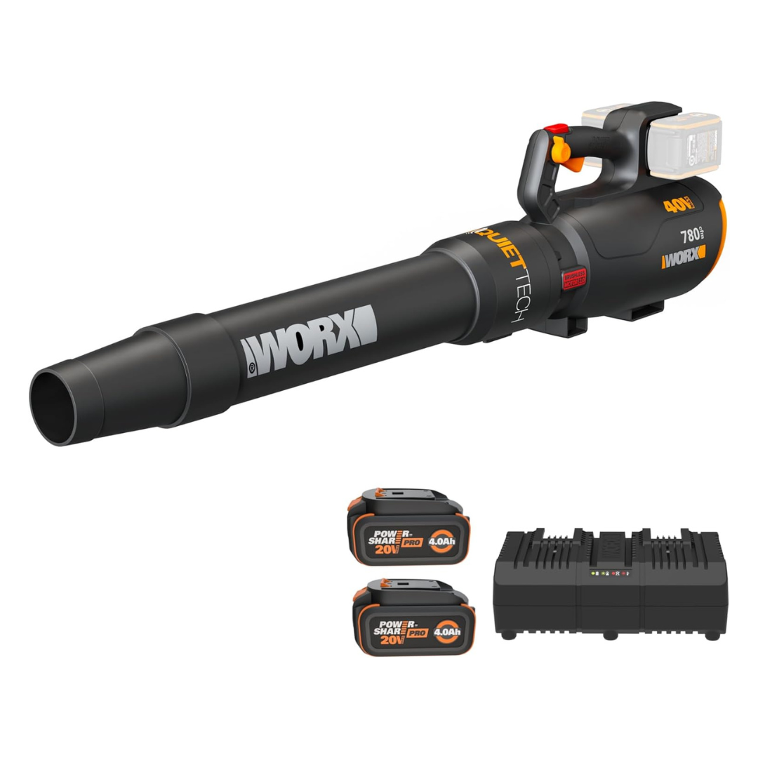 WORX Cordless Leaf Blower, 40V Electric Blower with 780CFM & 190MPH, Brushless Lawn Blower with Gas-Like Power & 57dB, 2 Batteries & Charger Included, WG582