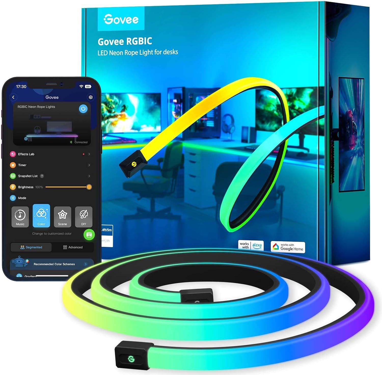 Govee RGBIC Neon Rope Lights for Desks, 16.4ft LED Gaming Desk Lights, Neon LED Strip Lights Syncing