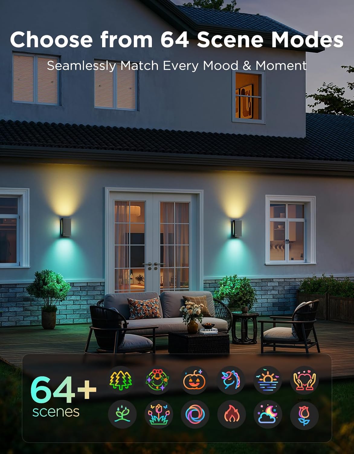 Govee Outdoor UpDown Wall Light, 2 Pack, 1200LM RGBICWW Smart Porch Lights Outdoor with 64 Scene Modes