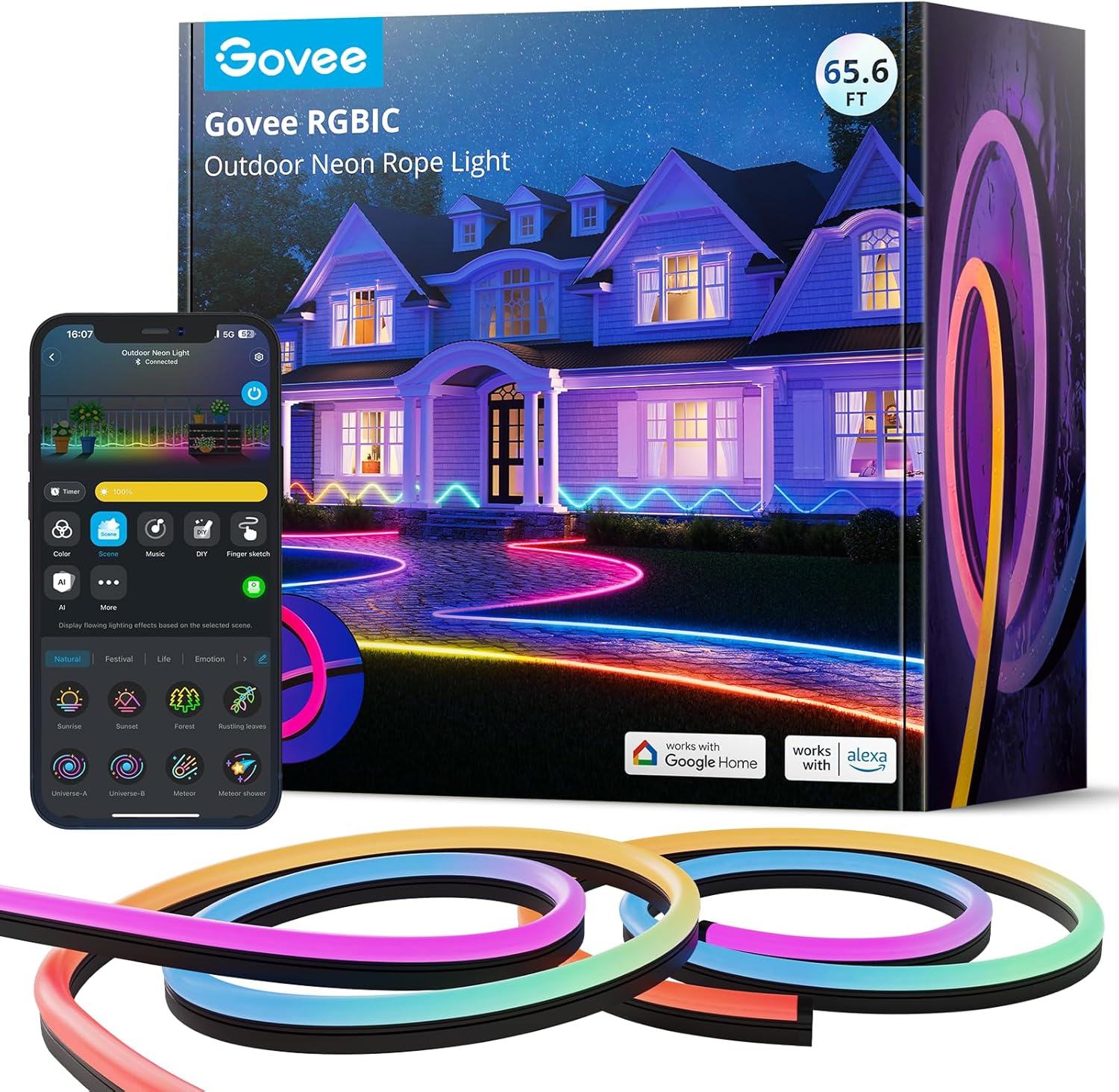 Govee Outdoor Neon Rope Lights, 65.6ft RGBIC IP67 Waterproof Outdoor Decorations with 64 Scene Modes, Music Sync, Flexible LED Lights, Neon Lights Work with Alexa, Google Assistant