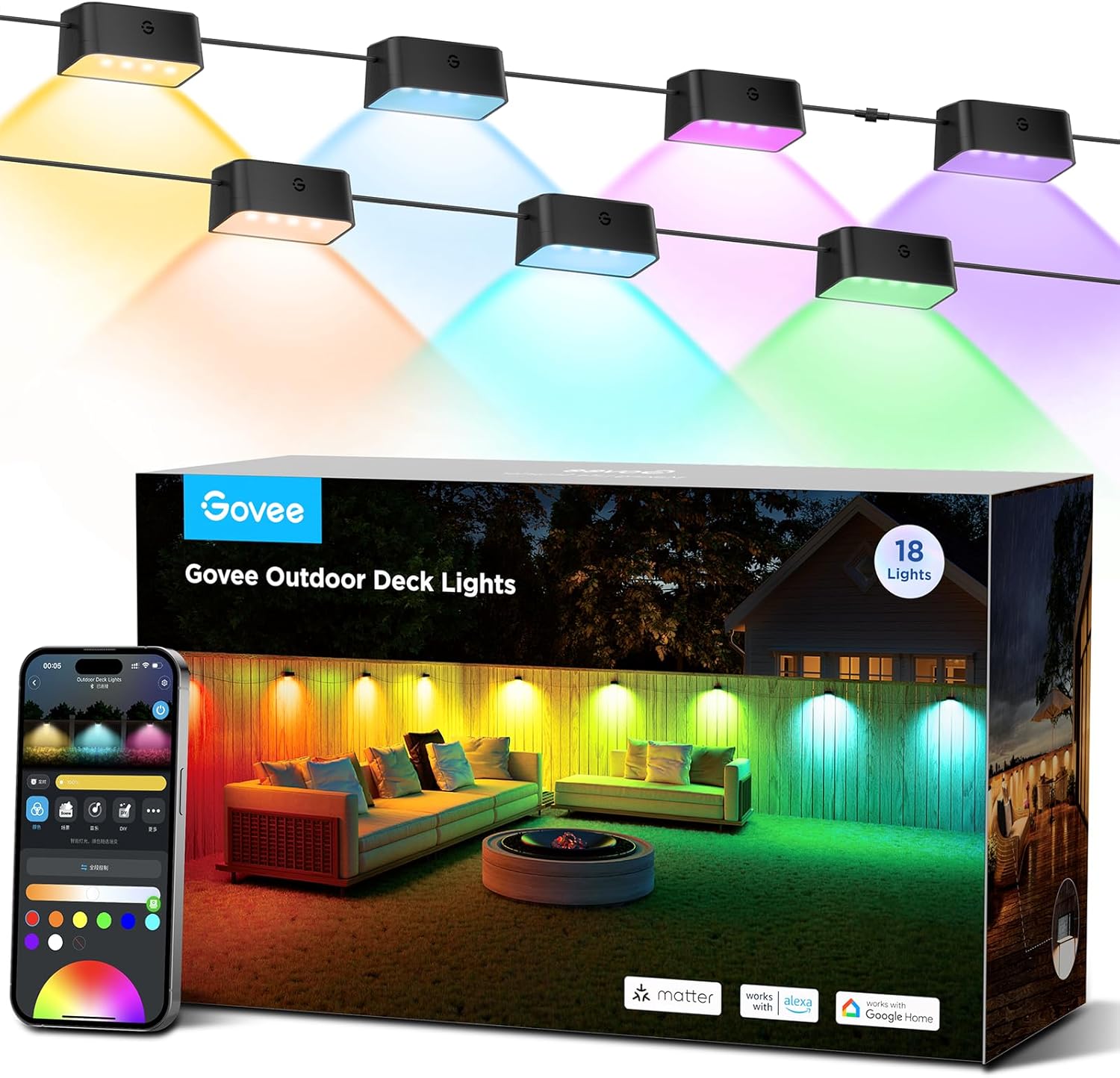 Govee Outdoor Deck Lights, Smart WiFi Outdoor Lights Work with Alexa, Google, Matter, App Control, Wired 18 Packs (112ft)