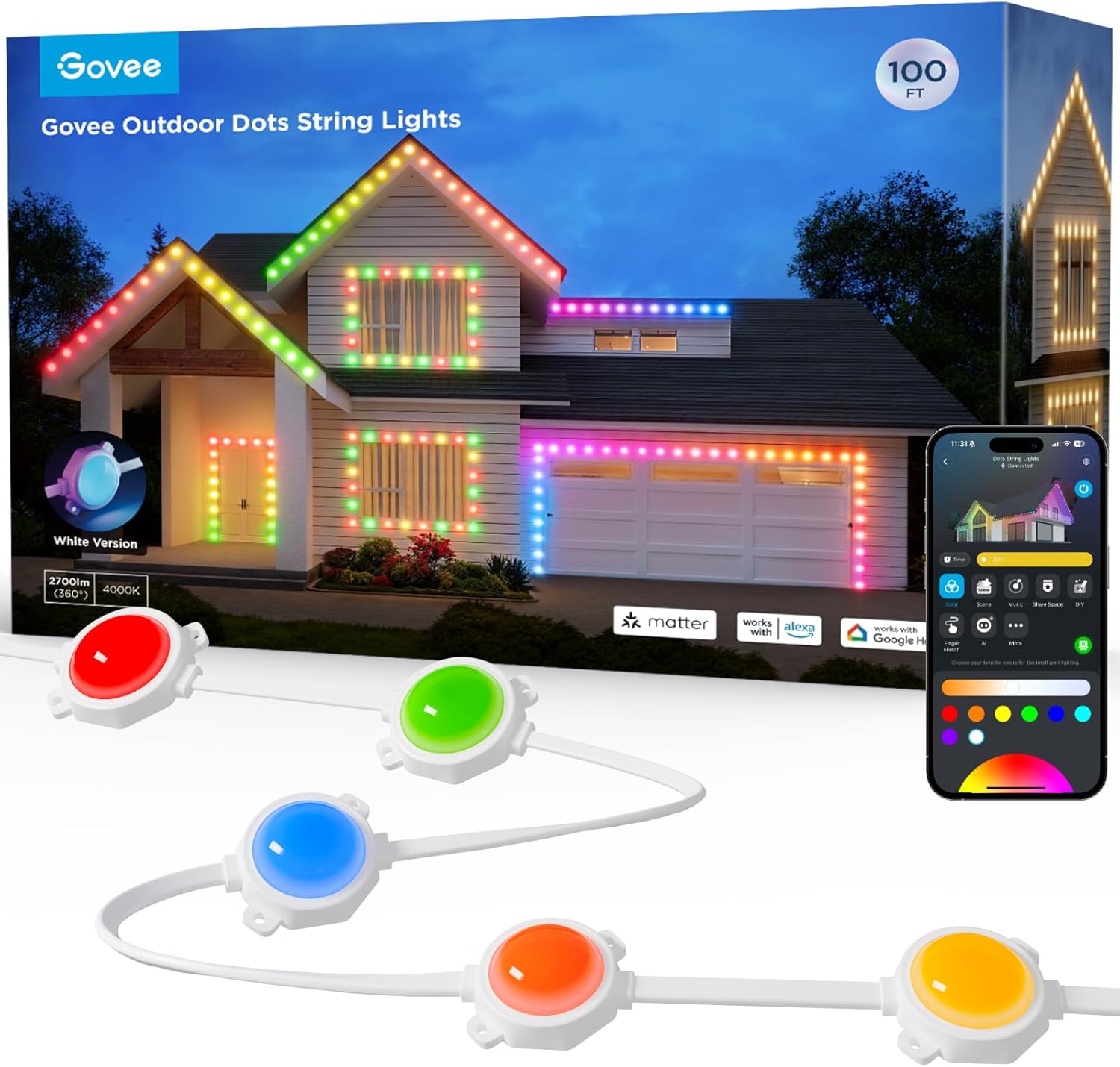 Govee Outdoor LED Strip Lights, 45 RGBIC LED Lights 100FT String Lights with 65 Scene Modes, Work with Alexa, Google, APP Control, IP65 Waterproof