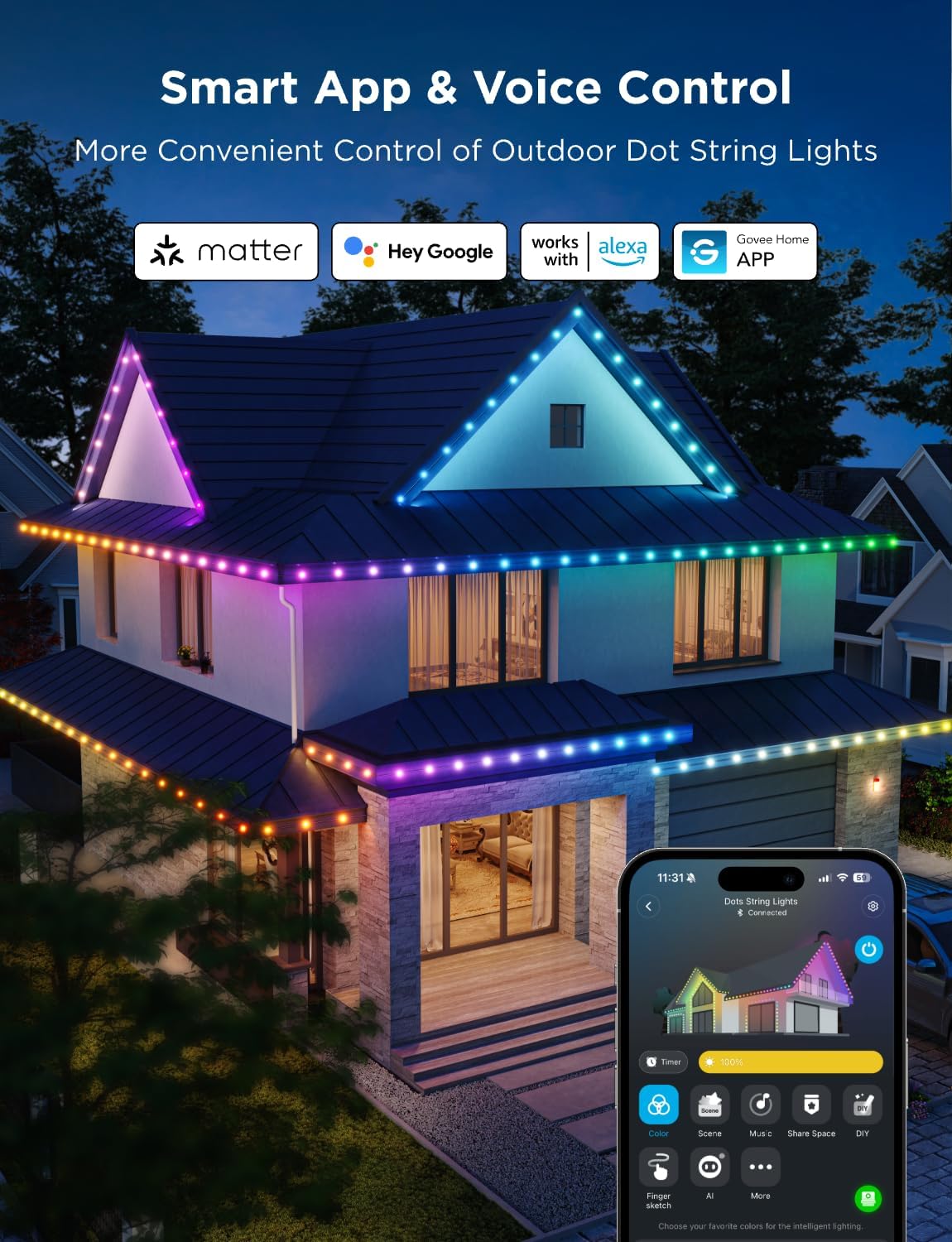 Govee Outdoor LED Strip Lights, 45 RGBIC LED Lights 100FT String Lights with 65 Scene Modes, Work with Alexa, Google, APP Control, IP65 Waterproof