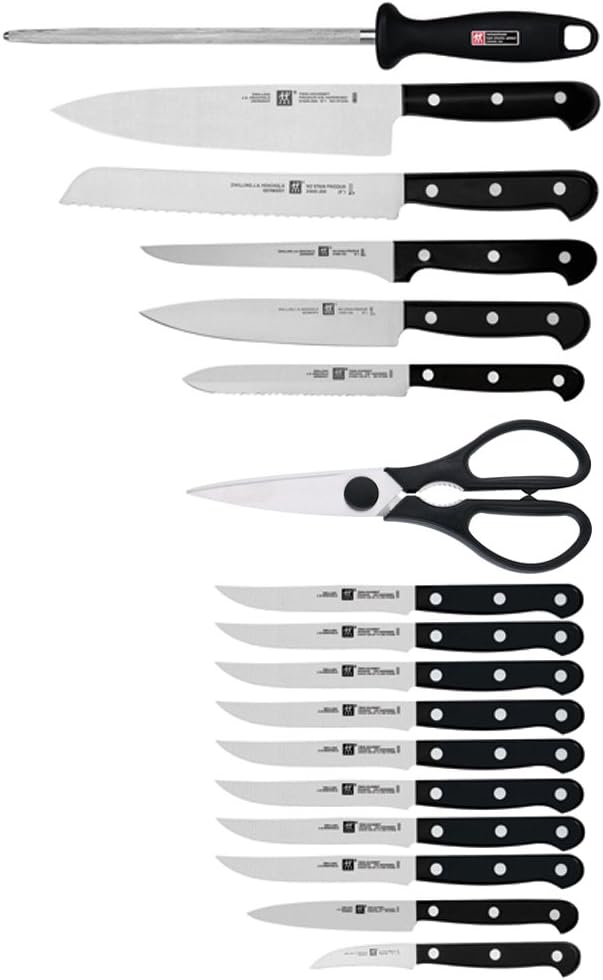 ZWILLING Twin Gourmet Classic 18-pc Knife Block Set, German Stainless Steel, 3 Rivet Handle, No-Stain, Includes Shears Honing Steel, Made in Spain