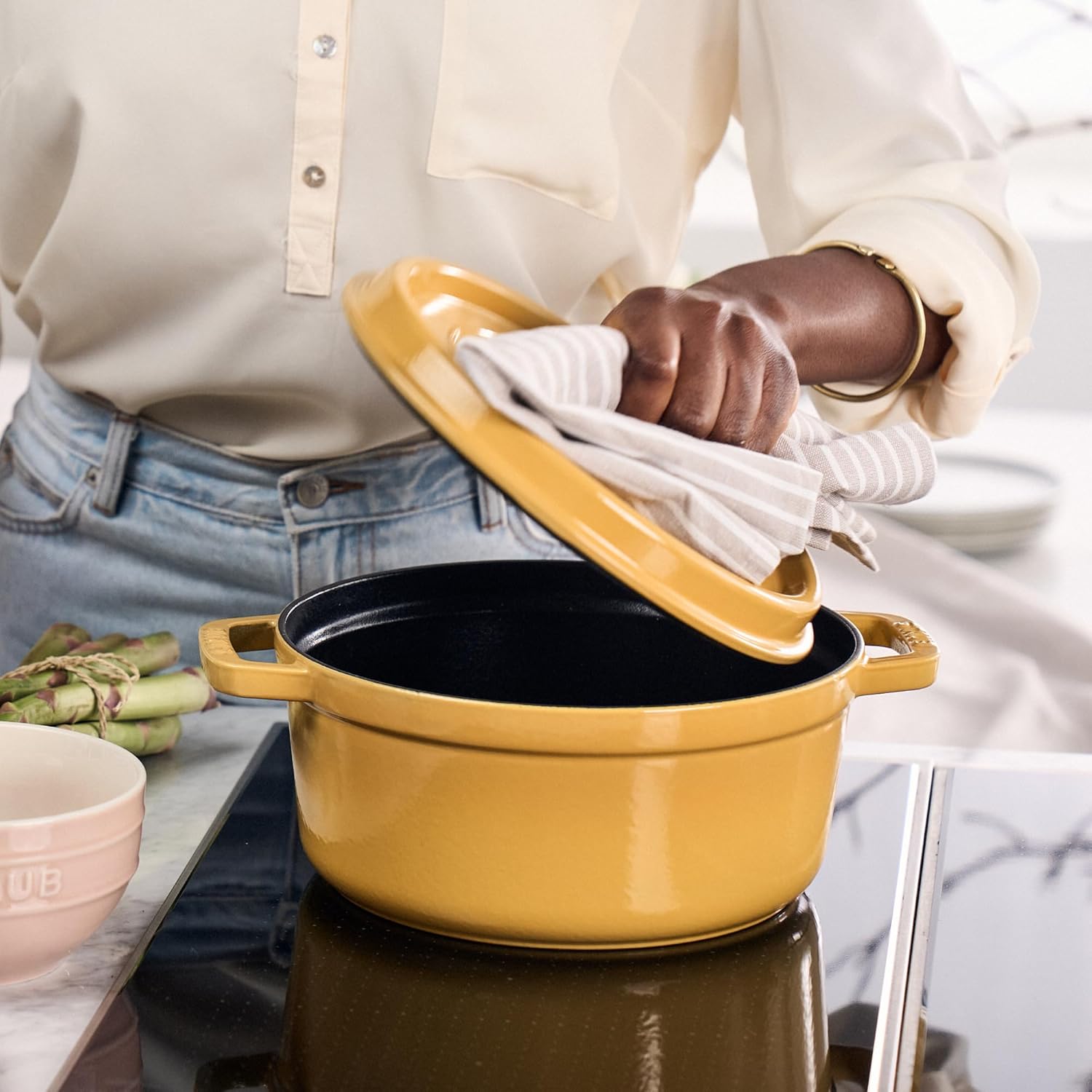 Staub Cast Iron Round Cocotte, Dutch Oven, 7-quart, serves 7-8, Citron