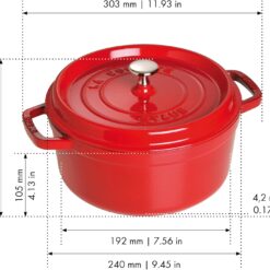 STAUB Cast Iron Dutch Oven 4-qt Round Cocotte, Serves 3-4, Cherry