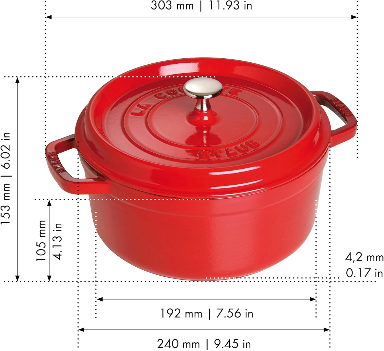 STAUB Cast Iron Dutch Oven 4-qt Round Cocotte, Serves 3-4, Cherry
