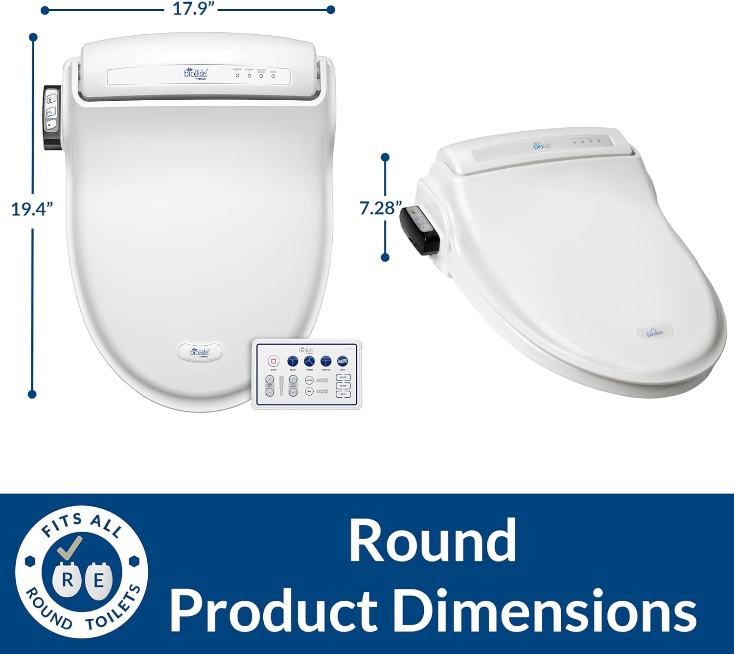 Bio Bidet BB1000 Warm Water Bidet Seat, Air Dryer, Heated Seat with Slow Close Lid, Remote Control, Round