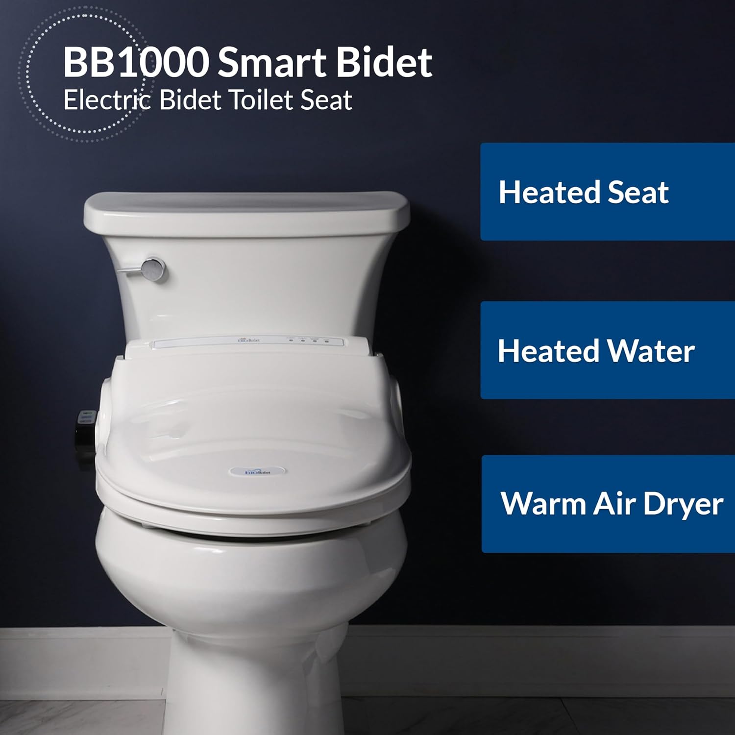 Bio Bidet BB1000 Warm Water Bidet Seat, Air Dryer, Heated Seat with Slow Close Lid, Remote Control, Round