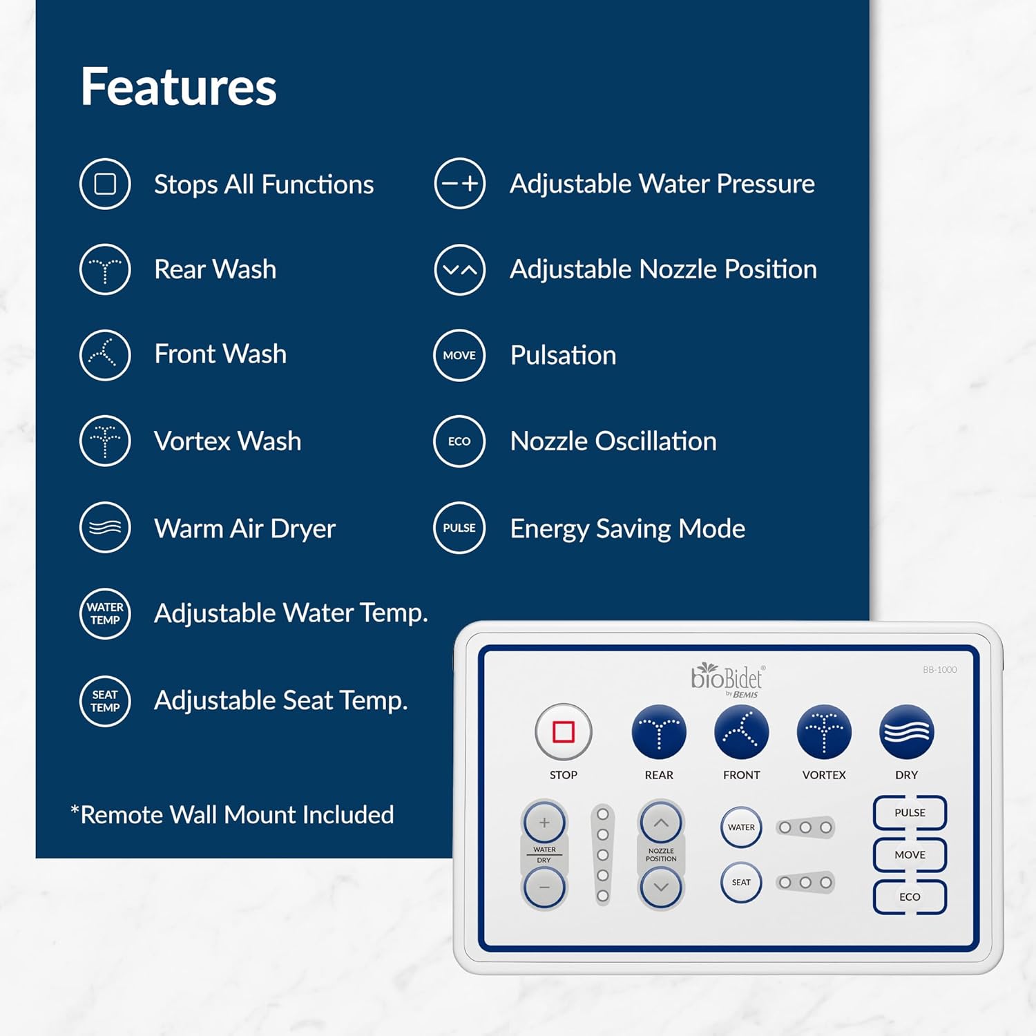 Bio Bidet BB1000 Warm Water Bidet Seat, Air Dryer, Heated Seat with Slow Close Lid, Remote Control, Round