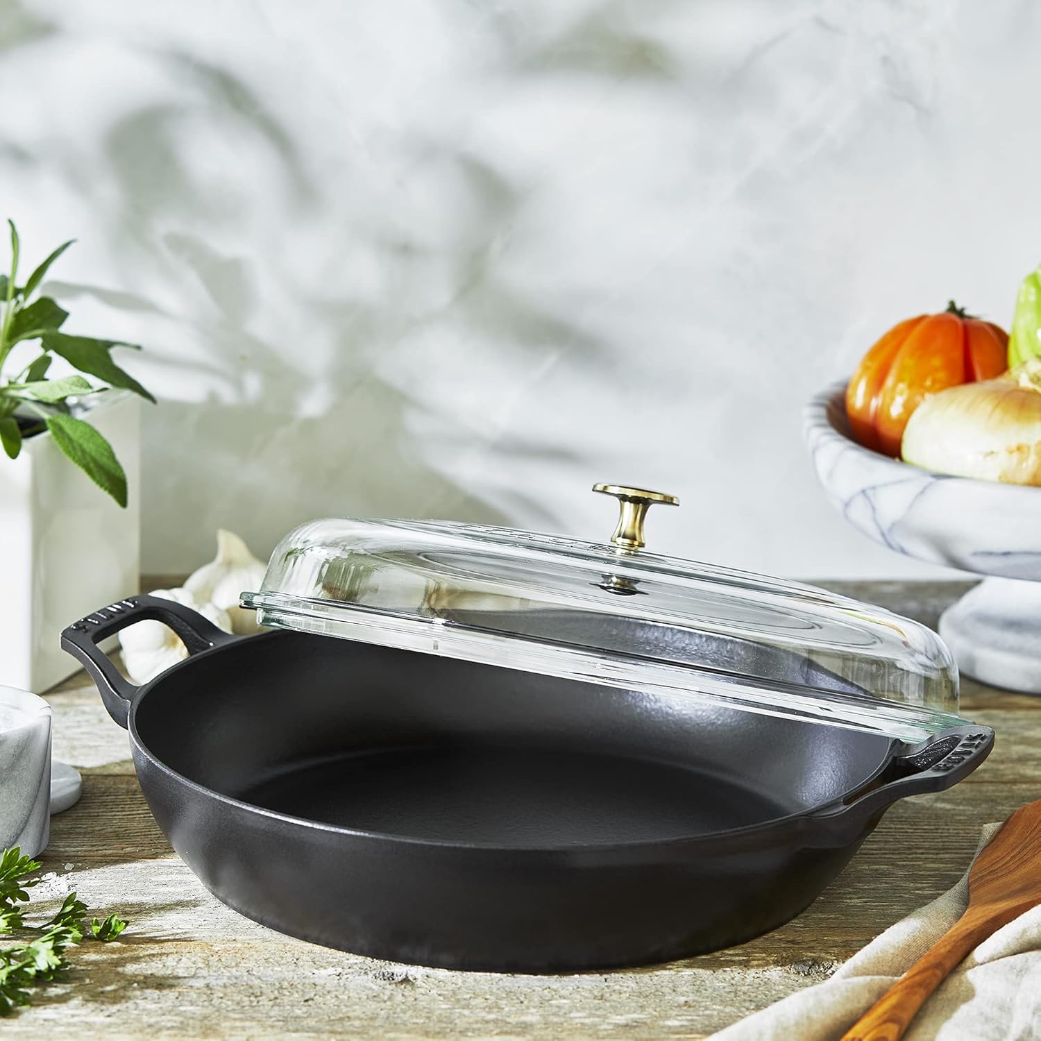 STAUB Cast Iron Braiser with Glass Lid, Dutch Oven, 3.5-quart, serves 3-4, Matte Black