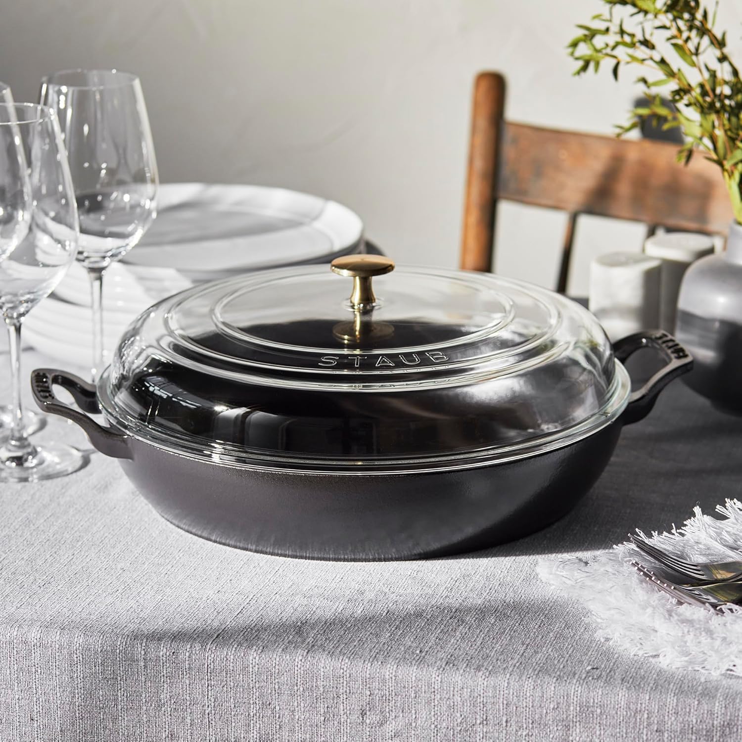 STAUB Cast Iron Braiser with Glass Lid, Dutch Oven, 3.5-quart, serves 3-4, Matte Black