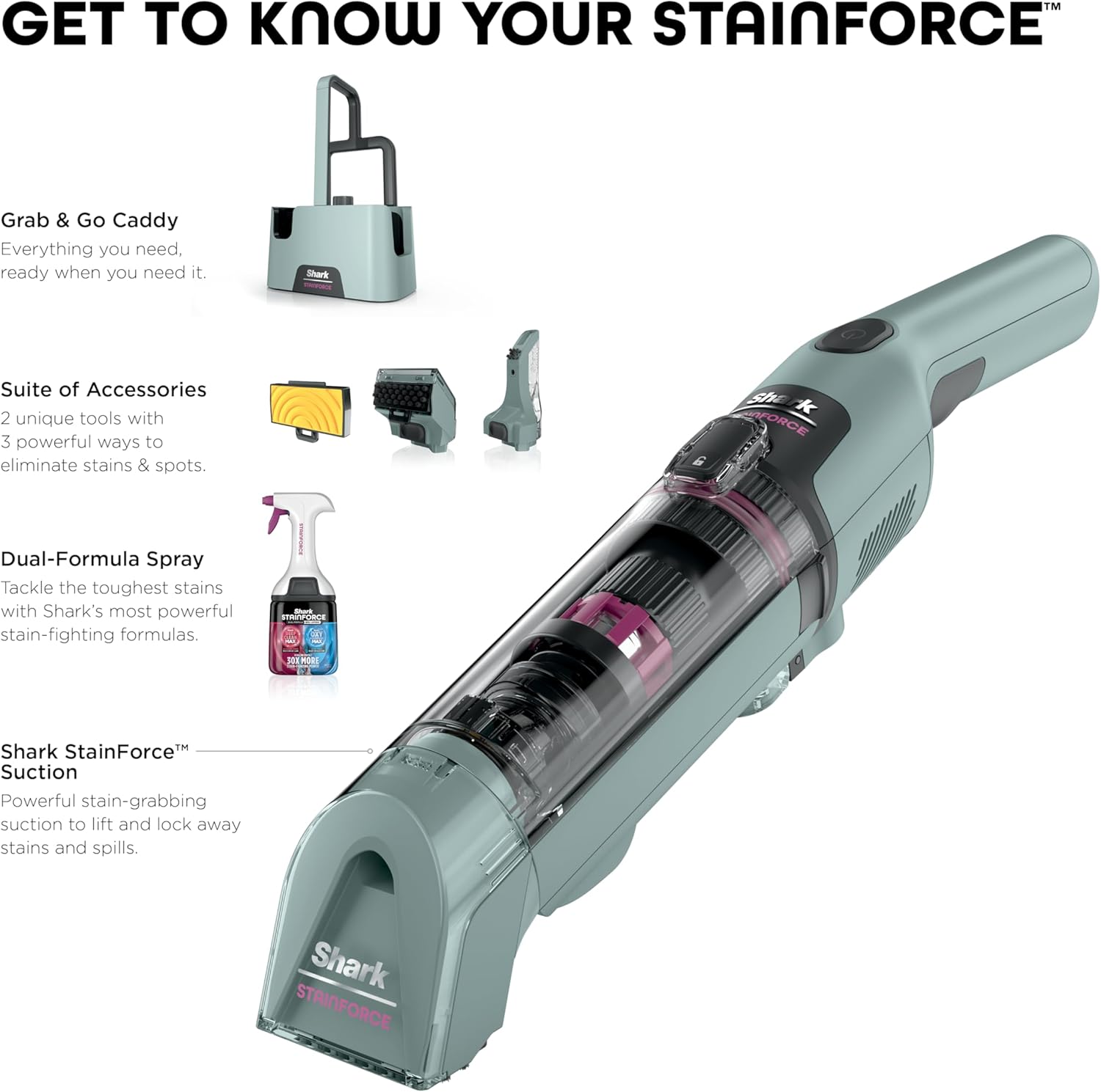 Shark StainForce Cordless Portable Spot, Stain, & Odor Remover System for Carpets, Area Rugs, Upholstery, Stairs, with Storage Caddy, Accessories, and Full-Size Cleaning Solution, HX101 (NEW)