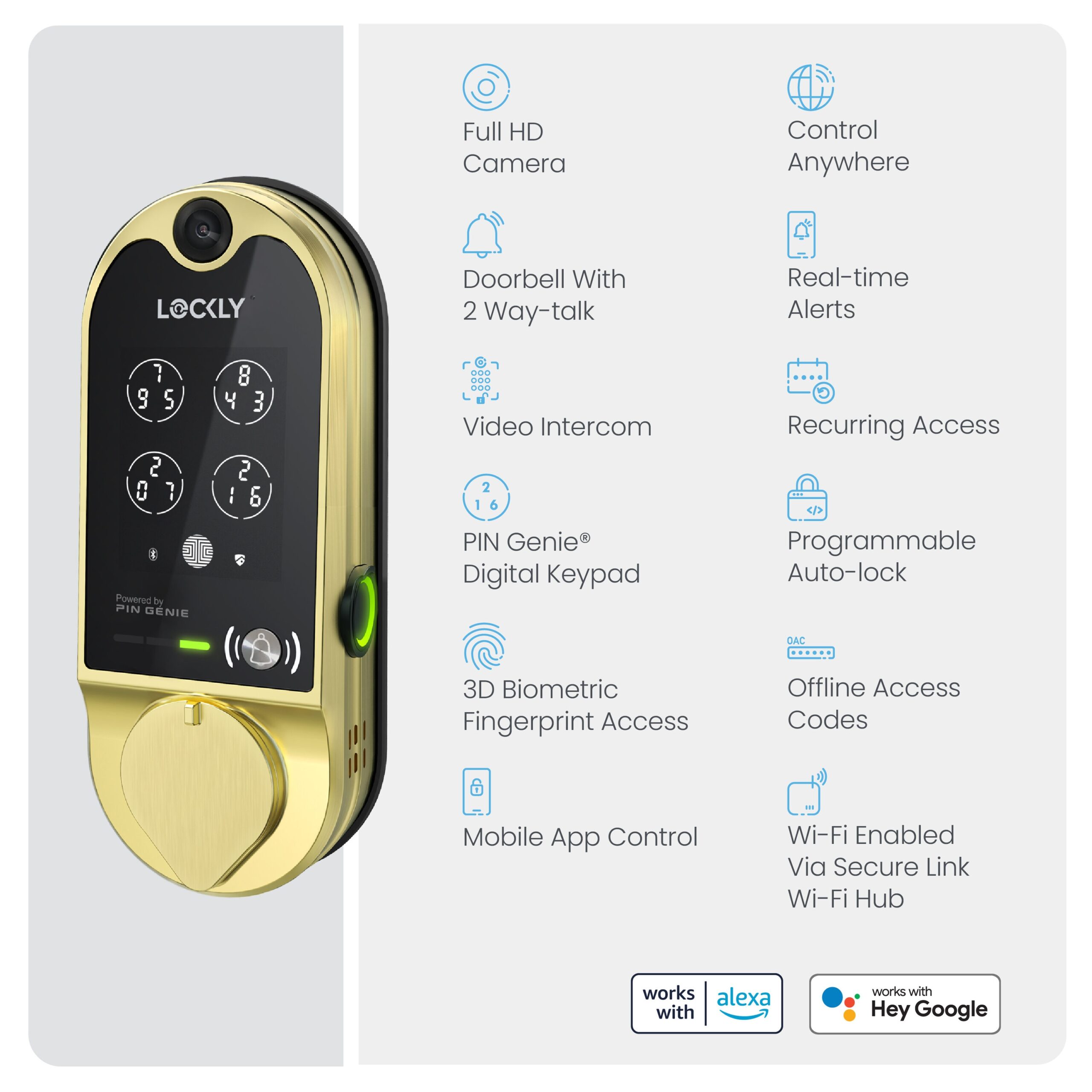 Lockly Vision Video Doorbell Smart Locks Brushed Gold Smart Wi-Fi and Bluetooth Touchscreen Keypad Electronic Deadbolt Lock