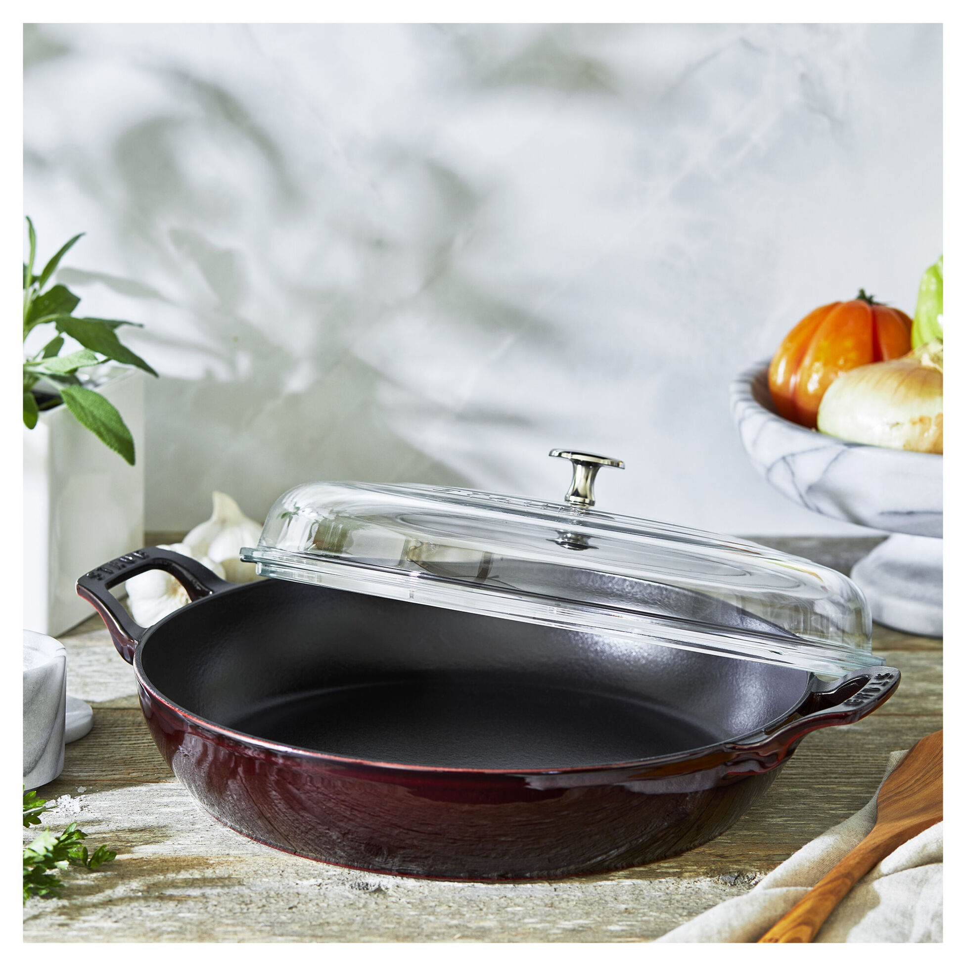 Staub Cast Iron 3.5 qt, Braiser With Glass Lid, Grenadine