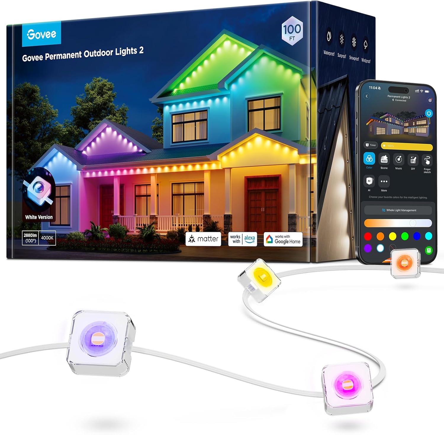 Govee Permanent Outdoor Lights 2, 100ft RGBIC Outdoor Lights with 72 LED Lights, White