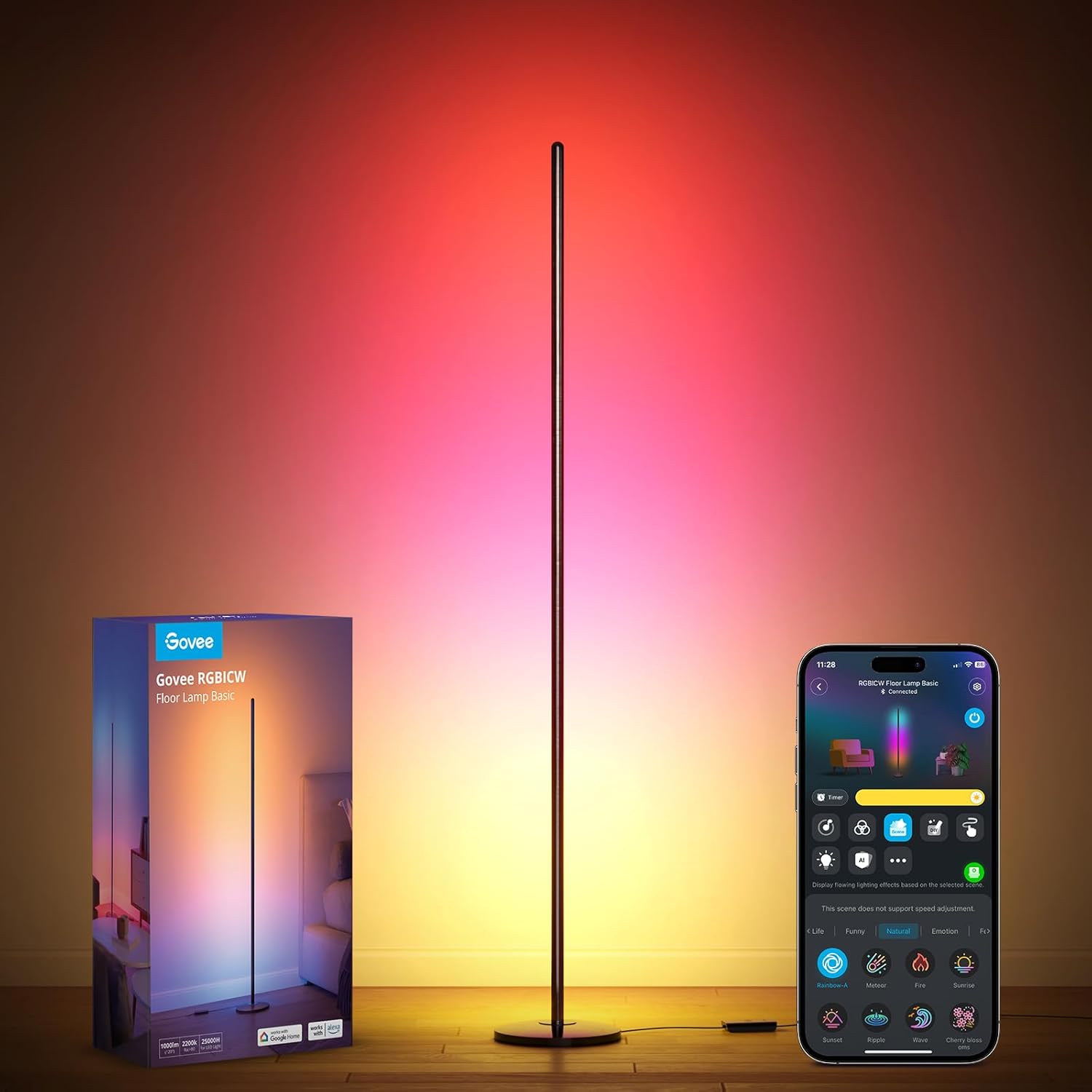 Govee RGBIC Floor Lamp Basic, LED Corner Lamp Works with Alexa, 1000 Lumen Smart Modern Floor Lamp, Black
