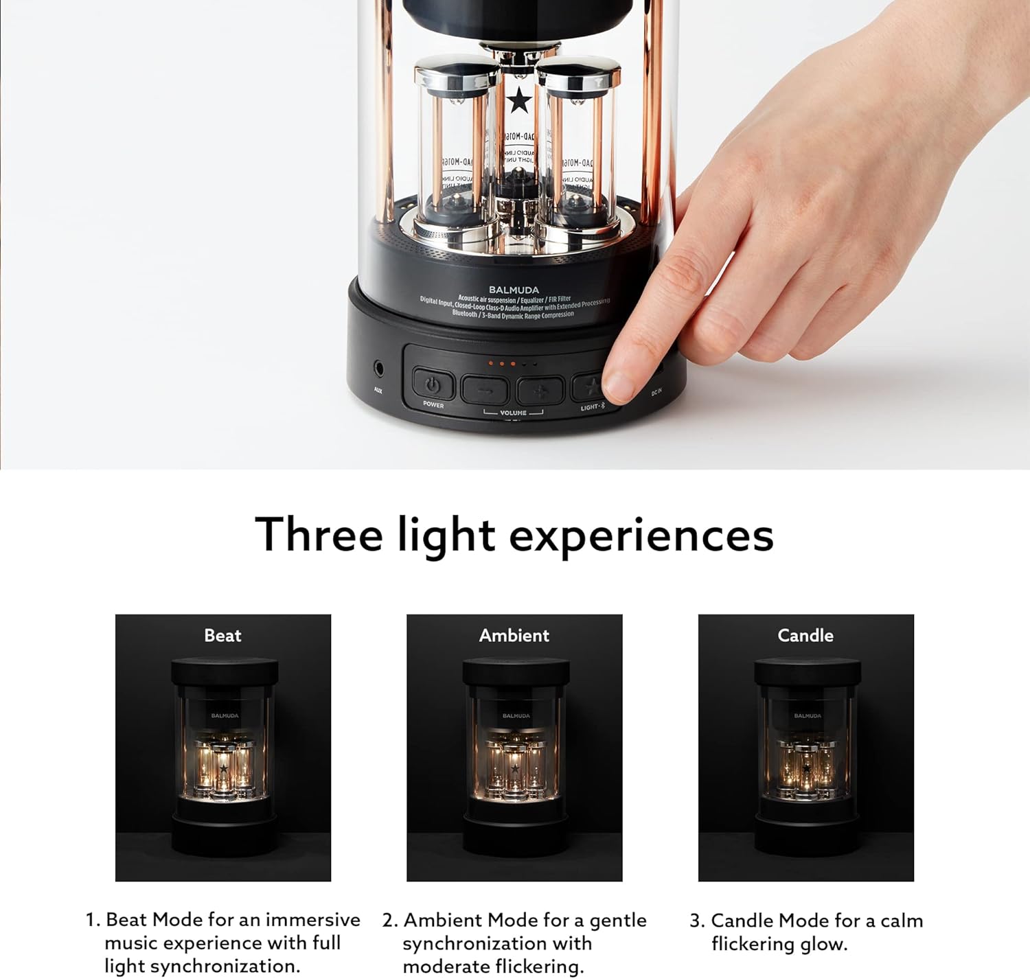 BALMUDA The Speaker | Portable Bluetooth Speaker | 3D Crystal Sound & LED Light Show | Rechargeable | USB-C | 3 Light Modes: Candle, Ambient, & Beat | 7-Hour Playtime for Live Concert Feel at Home