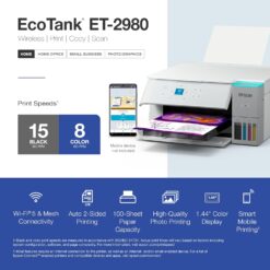 Epson EcoTank ET-2980 Wireless All-in-One Color Supertank Printer, 15 PPM, 1.44