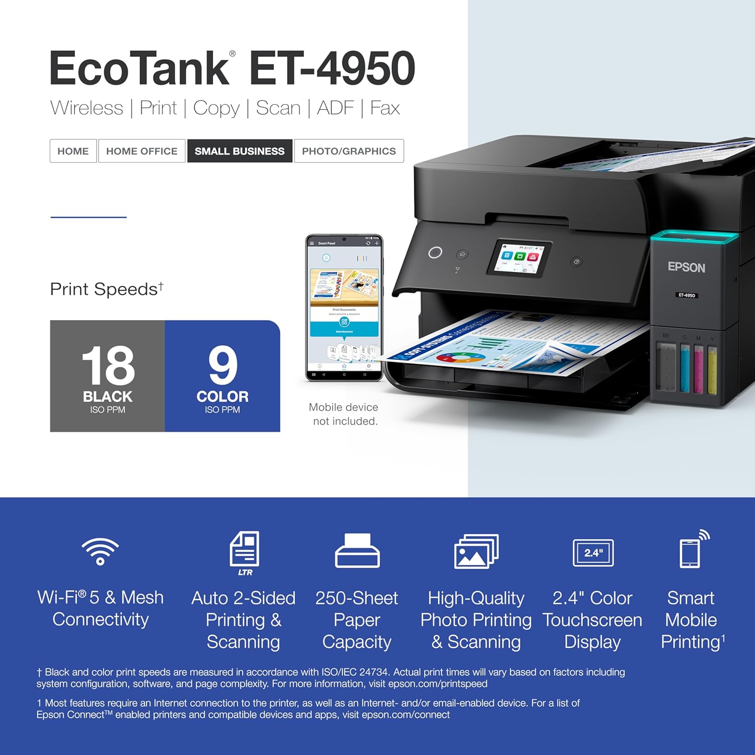 Epson EcoTank ET-4950 Wireless All-in-One Color Supertank Printer, 18 PPM, 2.4" Color Touchscreen, Auto Document Feeder – Black