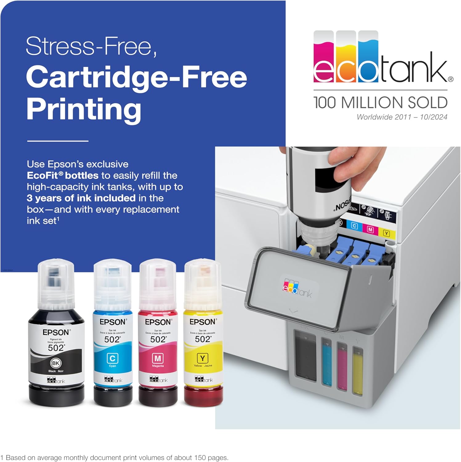 Epson EcoTank ET-3950 Wireless All-in-One Color Supertank Printer, 18 PPM, 2.4" Color Screen, Auto Document Feeder – White