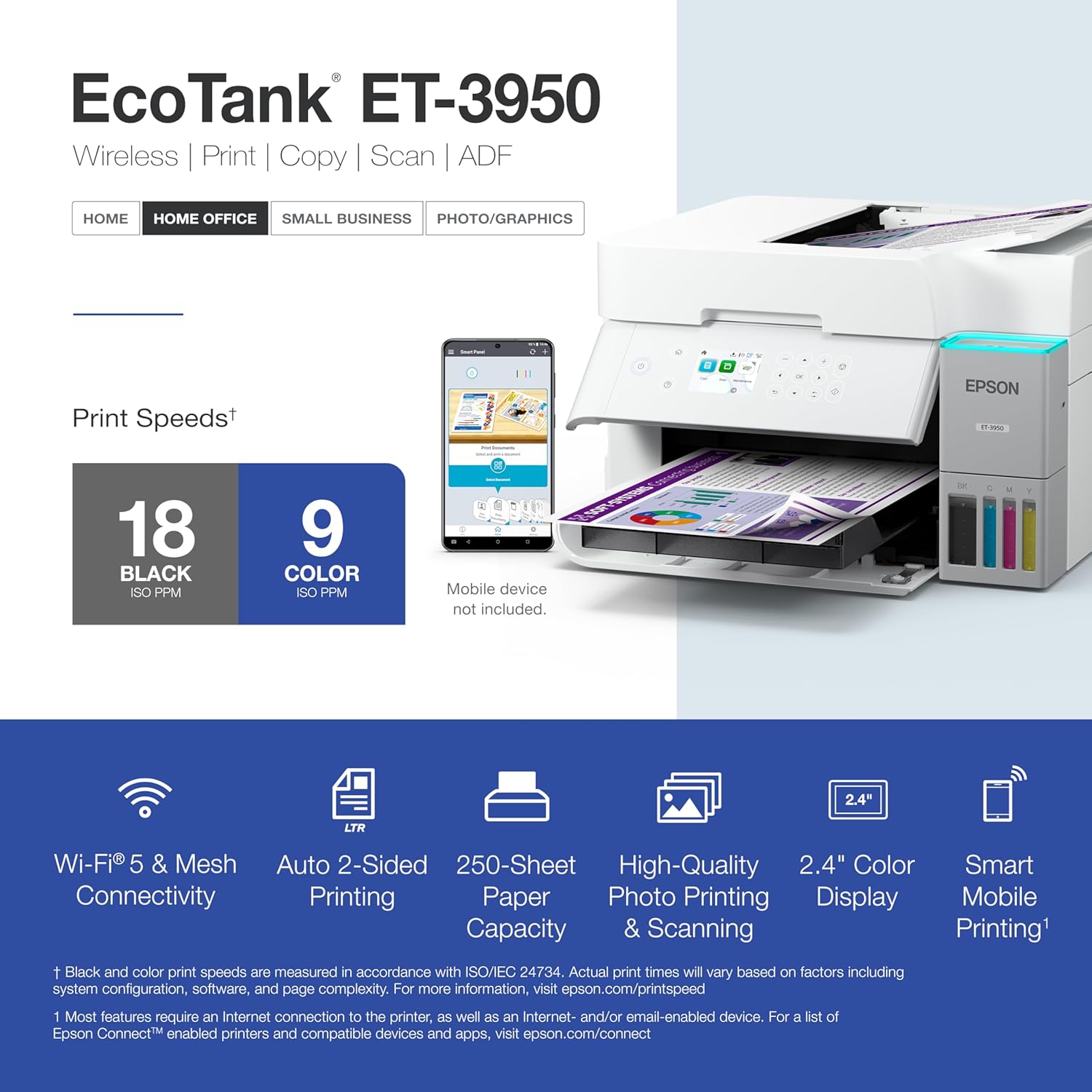 Epson EcoTank ET-3950 Wireless All-in-One Color Supertank Printer, 18 PPM, 2.4" Color Screen, Auto Document Feeder – White