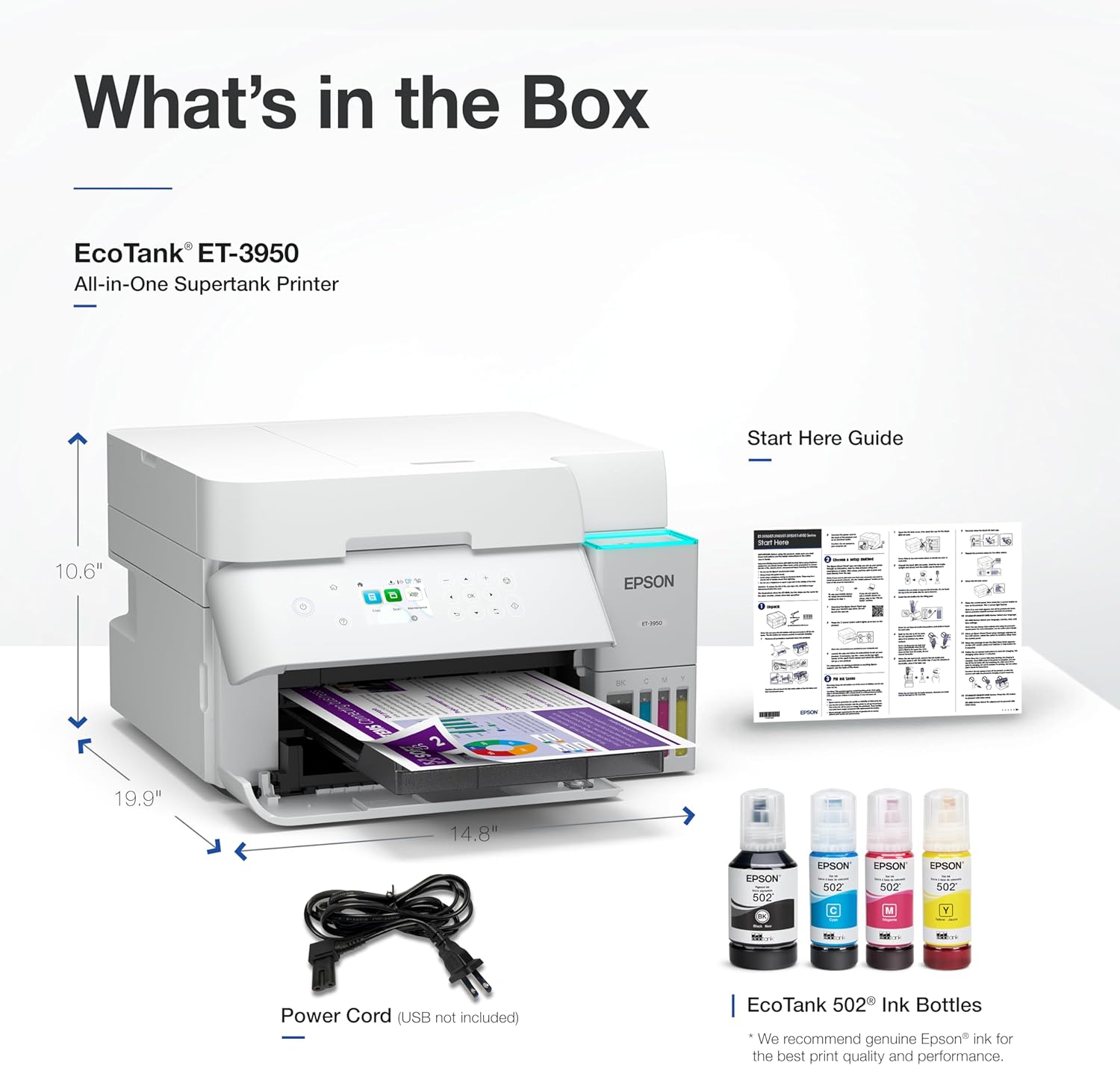 Epson EcoTank ET-3950 Wireless All-in-One Color Supertank Printer, 18 PPM, 2.4" Color Screen, Auto Document Feeder – White