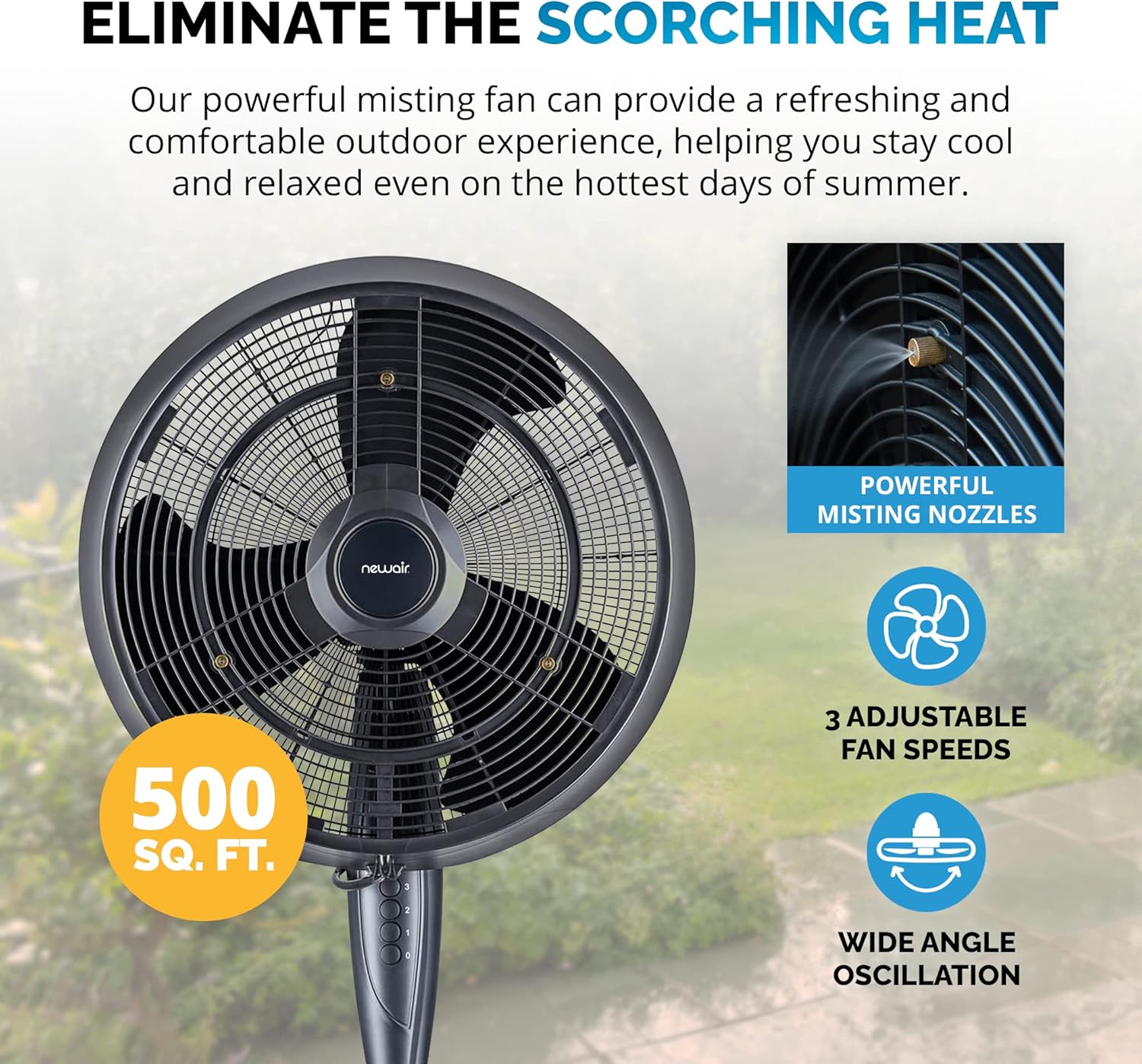 NewAir Outdoor Misting Fan and Pedestal Fan in Black, Cools 500 sq. ft. with 3 Fan Speeds and Wide-Angle Oscillation