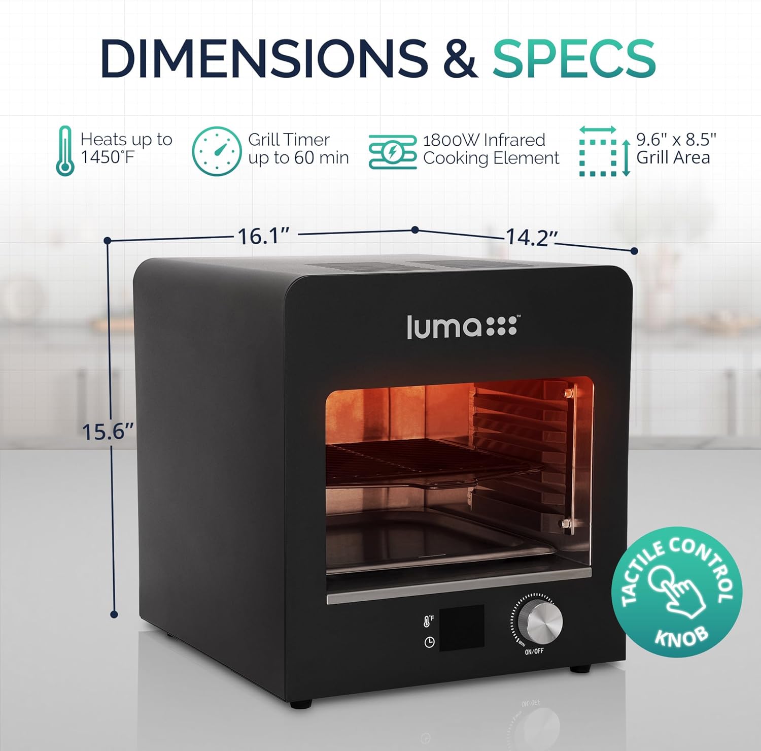 Luma Electric Steak Grill, Portable Indoor Countertop Oven with Griddle, Smokeless Electric Infrared Grill, Heats up to 1450 Degrees