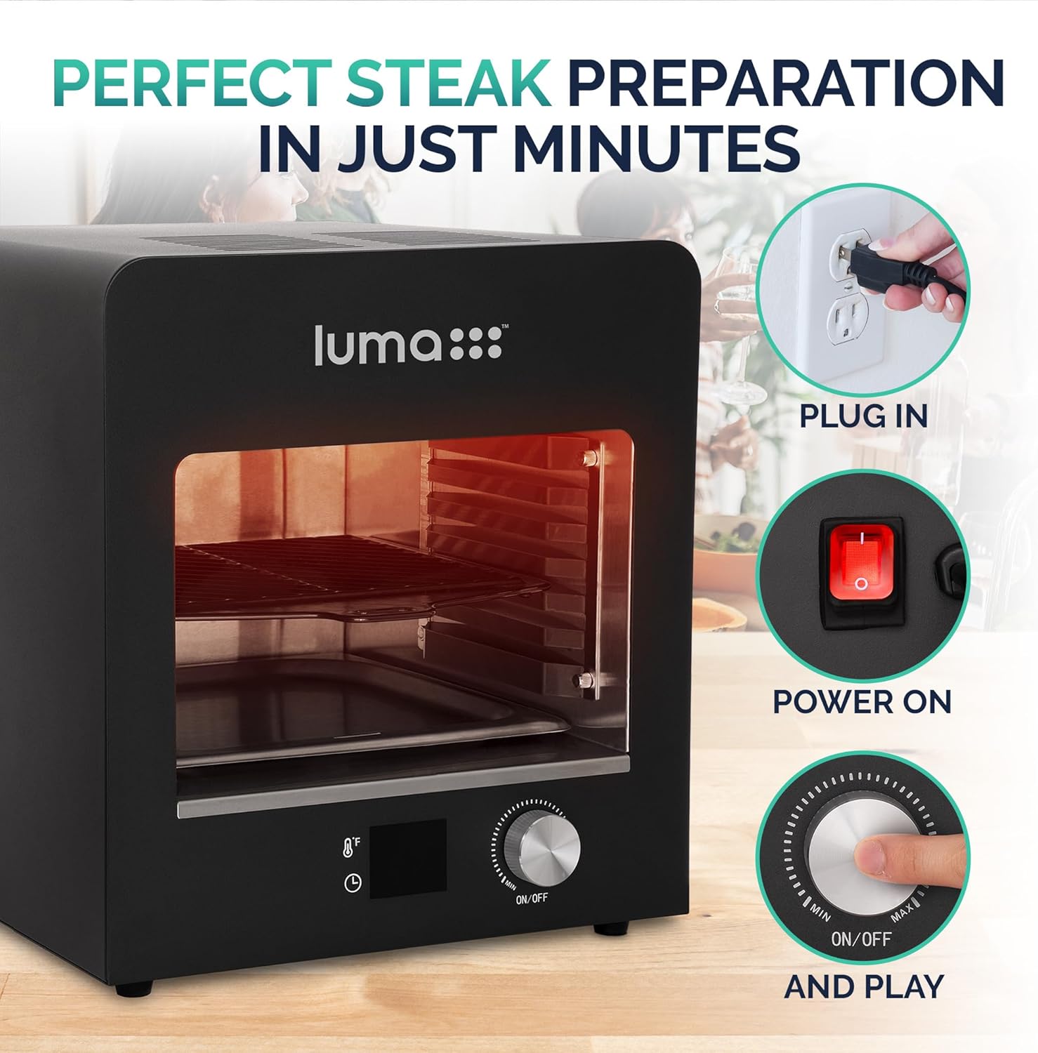 Luma Electric Steak Grill, Portable Indoor Countertop Oven with Griddle, Smokeless Electric Infrared Grill, Heats up to 1450 Degrees