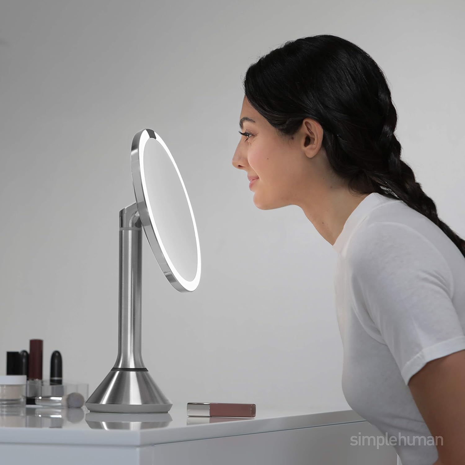 simplehuman 8" Round Sensor Makeup Mirror with Touch-Control Dual Light Settings, 5x Magnification, Rechargeable and Cordless, Brushed Stainless Steel