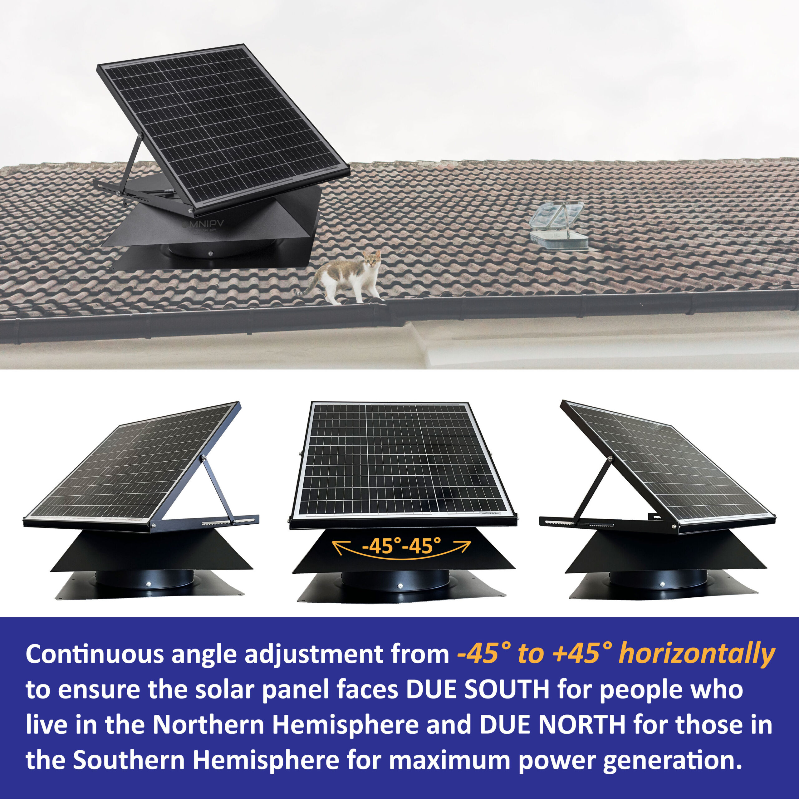 OmniPV Solar Attic Fan Pro 2850 -CFM Black Aluminum Hybrid electric/solar Power Roof Vent