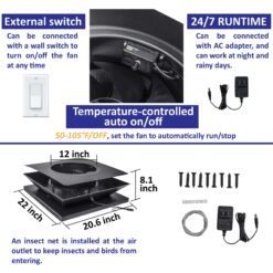 OmniPV Solar Attic Fan Pro 2850 -CFM Black Aluminum Hybrid electric/solar Power Roof Vent