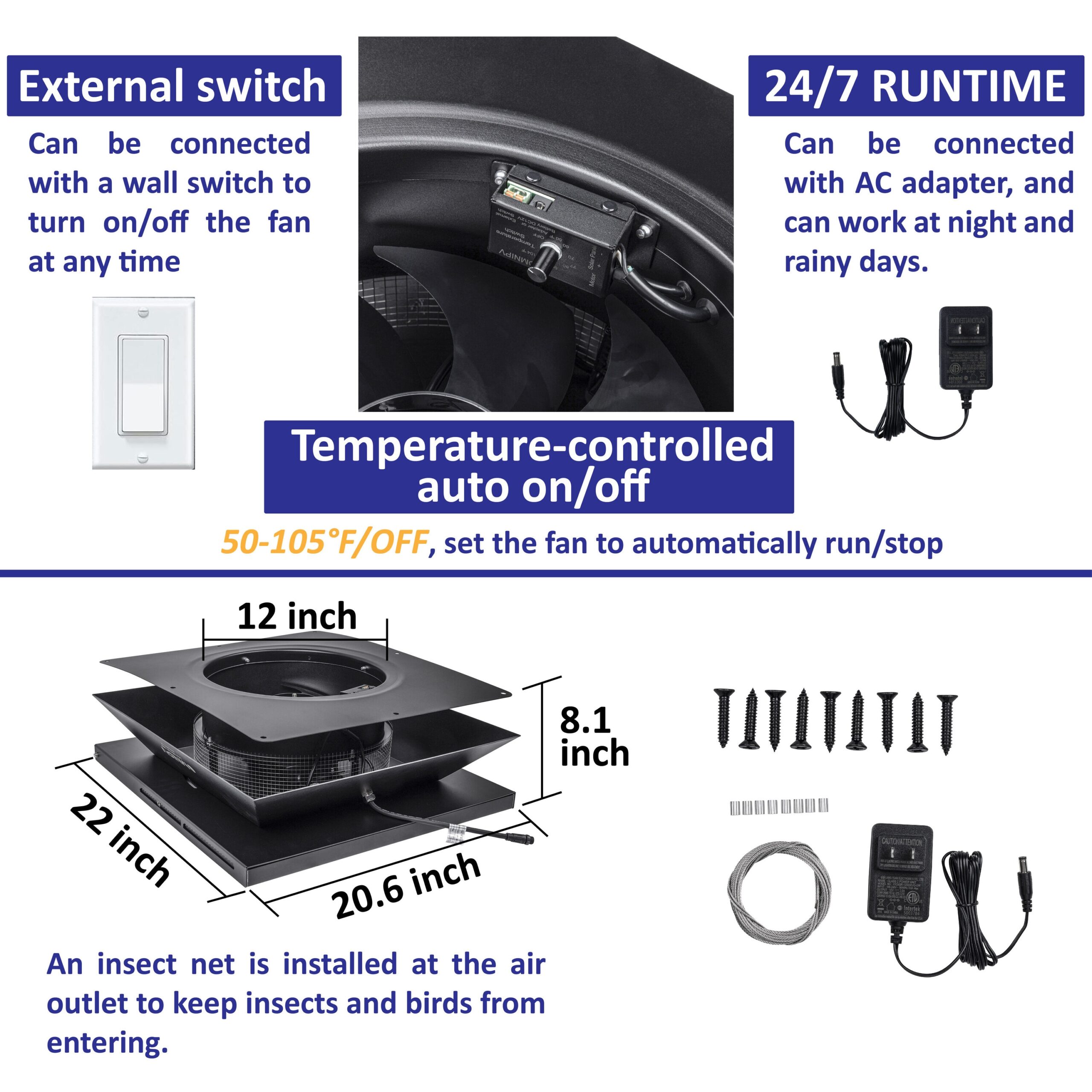 OmniPV Solar Attic Fan Pro 2850 -CFM Black Aluminum Hybrid electric/solar Power Roof Vent