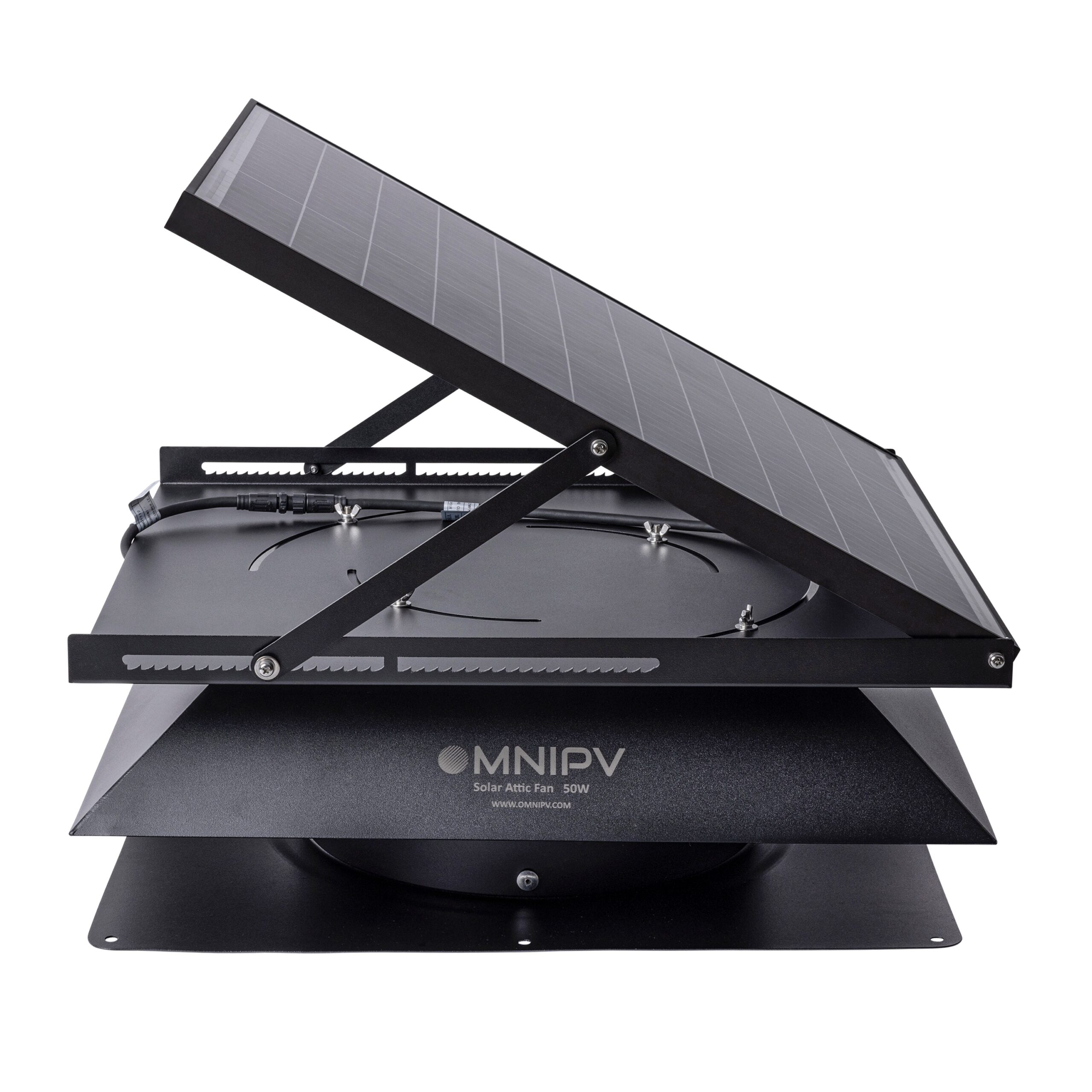 OmniPV Solar Attic Fan Pro 2850 -CFM Black Aluminum Hybrid electric/solar Power Roof Vent