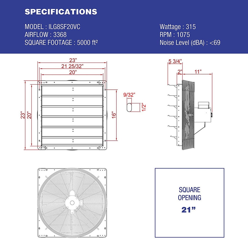iLIVING Smart Remote Shutter Exhaust Fan 20-in Hardwired Indoor Silver Wall Mounted Fan