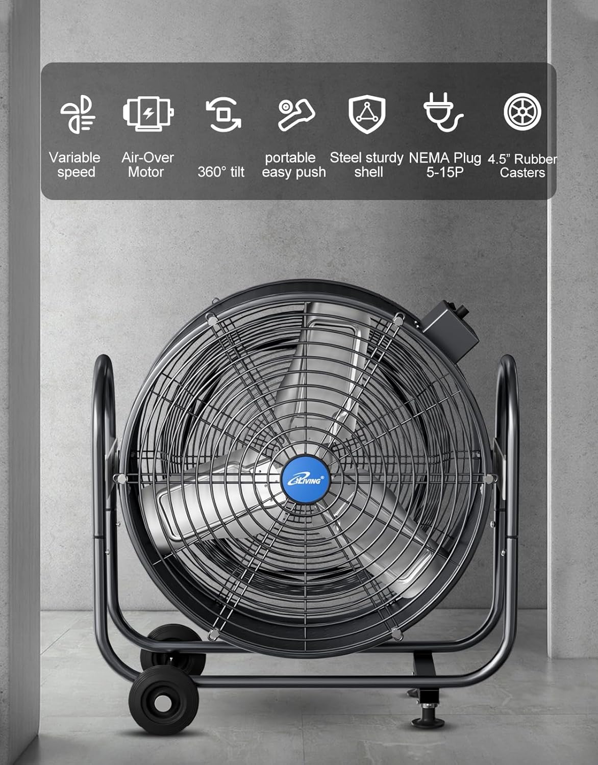 iLIVING 24" BLDC Air Circulator High Velocity Floor Fan, 115V, 265W, Grey (ILG8M24-70EC)