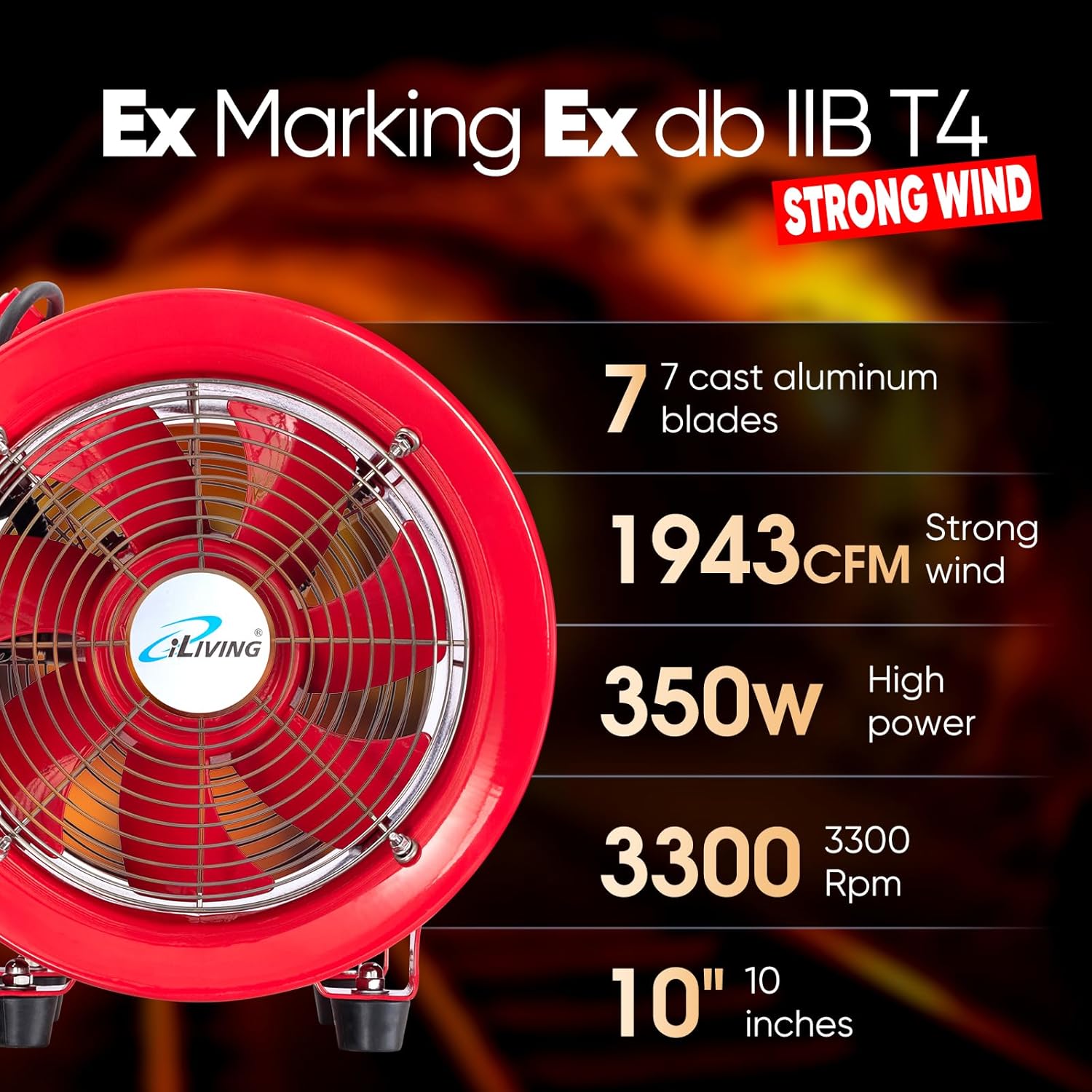 iLiving - ILG8EF10EX Explosion Proof Utility High Velocity Blower, Fume Extractor, Air Ventilation with 1943 CFM, 3300 RPM (10 Inch)