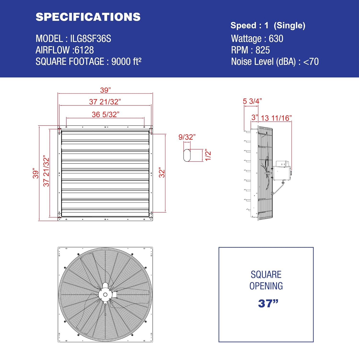 Iliving - 36" Wall Mounted Shutter Exhaust Fan - Automatic Shutter - 6128 CFM, 9000 SQF Coverage Area, Silver (ILG8SF36S)