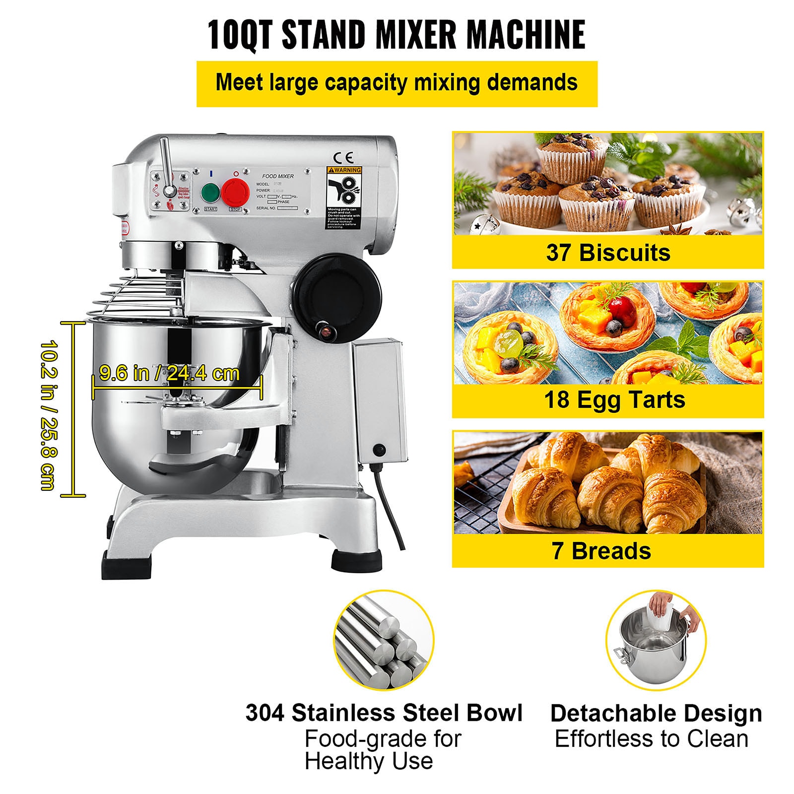 VEVOR 450 W 3 Speed 10 Qt Food Mixer Dough Mixer 304 Stainless Steel 10-Quart Commercial/Residential Bowl-lift Stand Mixer